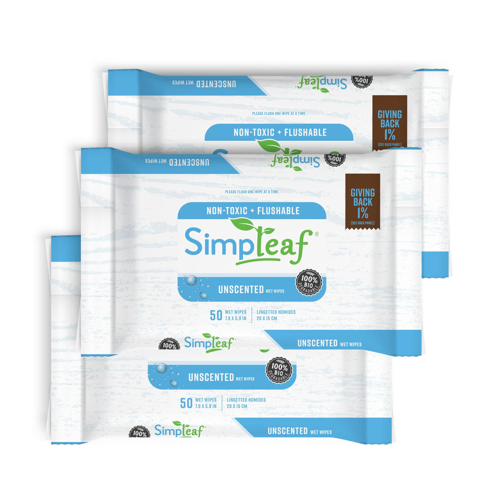 Simpleaf Flushable Wet Wipes Unscented | Plastic Free, Paraben & Alcohol Free | Hypoallergenic & Safe for Sensitive Skin | Soothing Aloe Formula | Adult Toilet Wipes (3 x 50 Counts Pack) 150 Counts