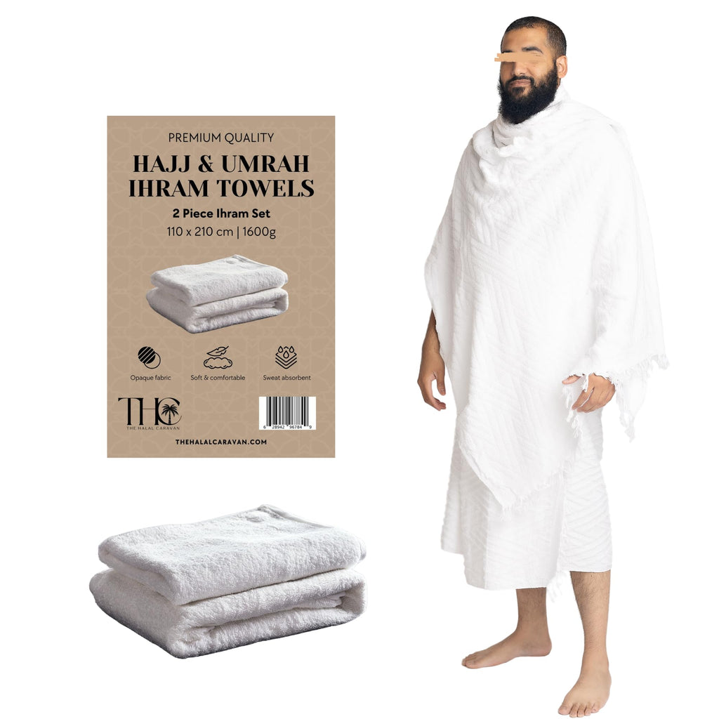 The Halal Caravan Men's Ihram for Hajj & Umrah - Sweat Absorbent, Comfortable, Fully Opaque, 2-Piece Ihram Set, Ehram Ahram 43 x 83 Inches, Ideal for Muslim Men, White