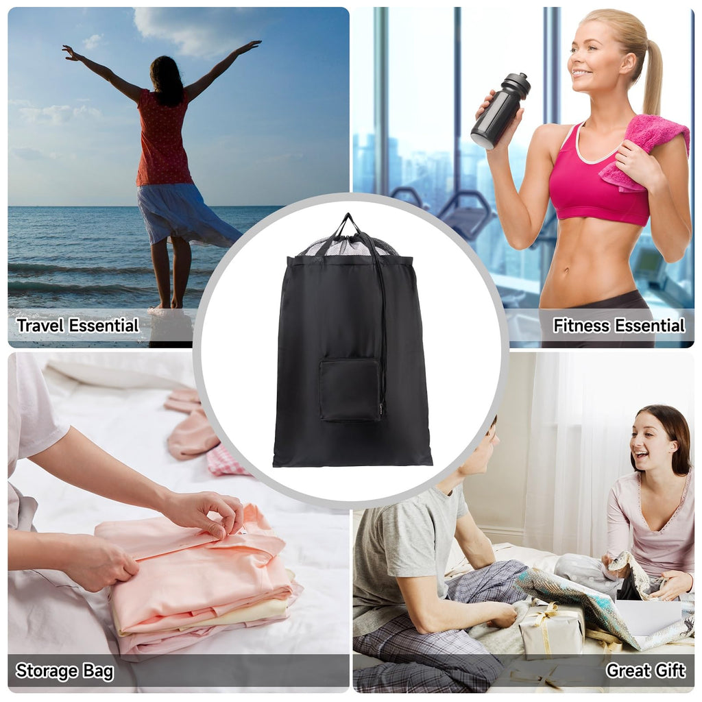 2 Packs Travel Laundry Bags, CLEADUS Foldable Dirty Clothes Bag 【Upgraded】 with Drawstring Mesh, Handles, and Carabiner, Portable, Suitable for Travel, Gym, Camping (Black)