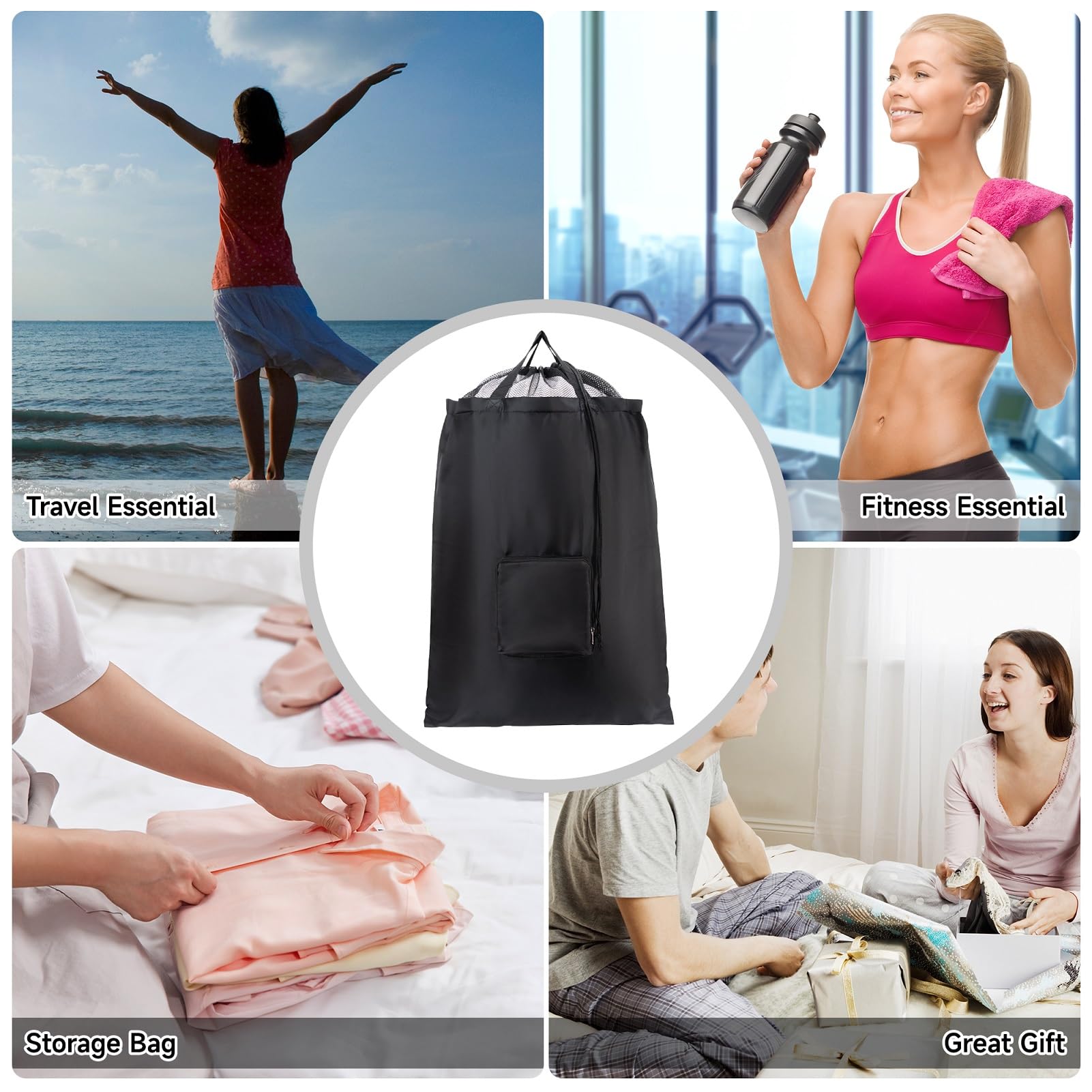 2 Packs Travel Laundry Bags, CLEADUS Foldable Dirty Clothes Bag 【Upgraded】 with Drawstring Mesh, Handles, and Carabiner, Portable, Suitable for Travel, Gym, Camping (Black)