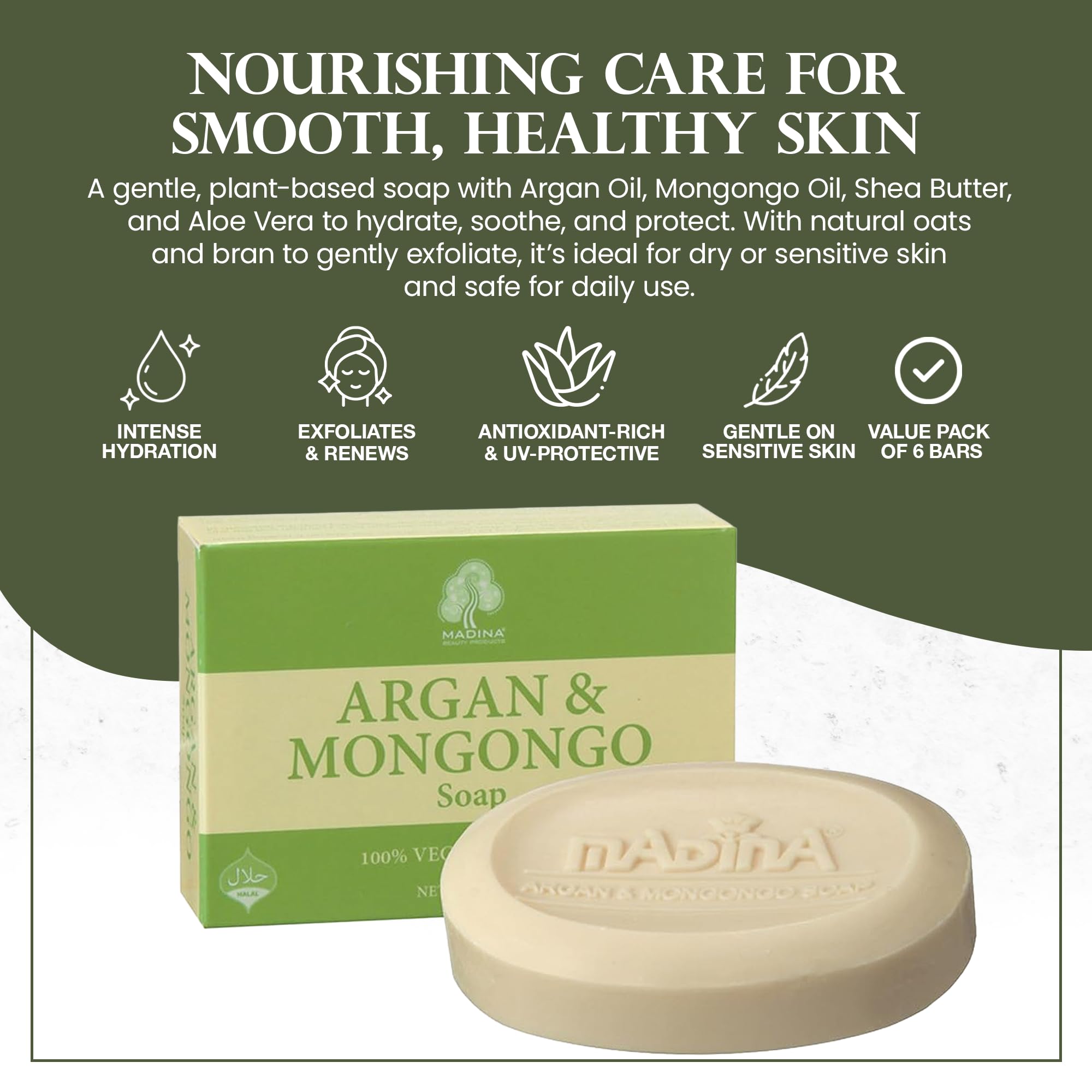 Argan & Mongongo soap with packaging and product details on a green background