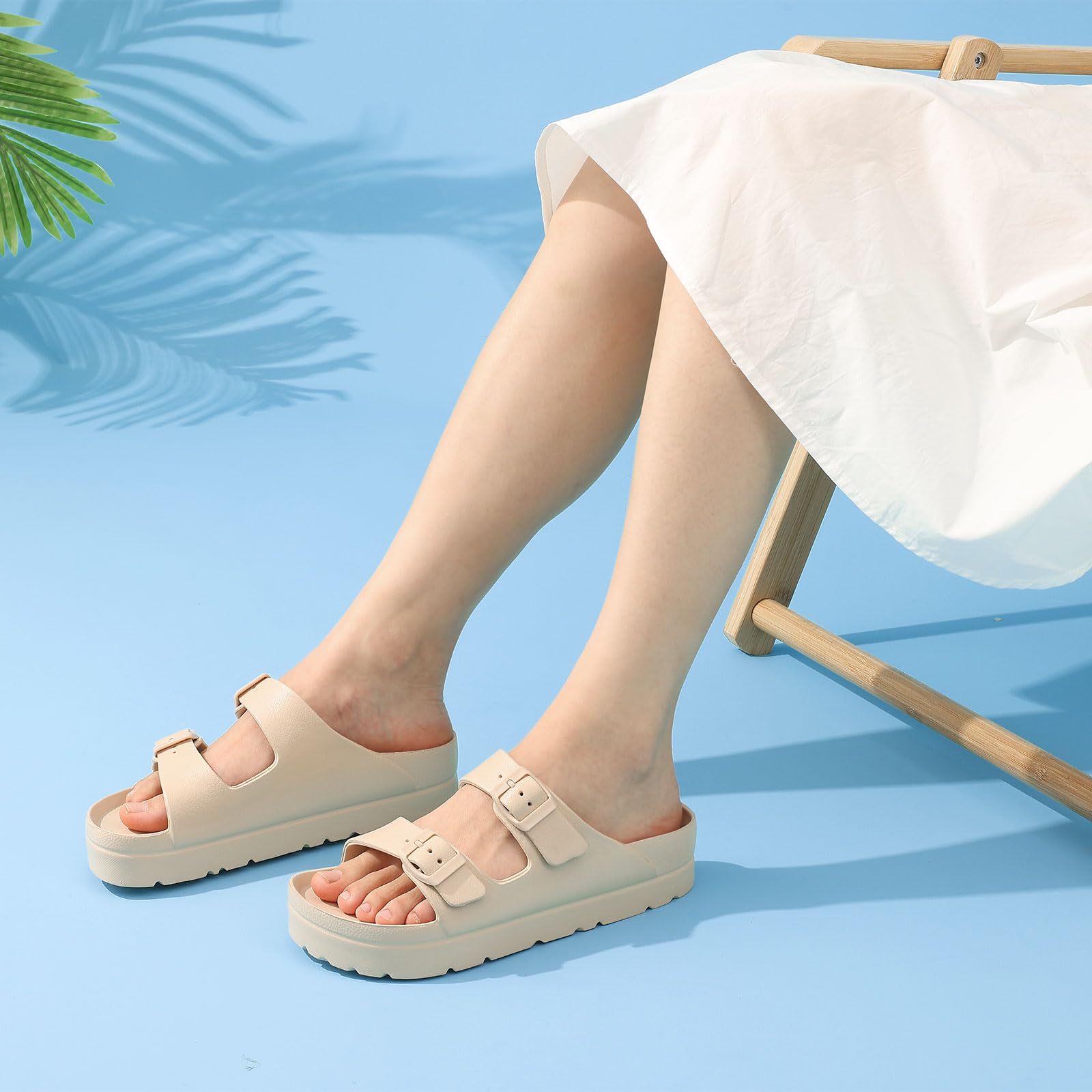 Goosecret Women's Platform Sandals with Arch Support Chunky Lightweight Foam Slip on Slides Comfortable Summer Beach Sandals with Adjustable Buckle Nude, 37(size 6.5-7)