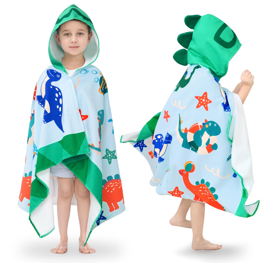 UOMNY Kids Hooded Beach Towel – 30" x 50", Soft Cotton Dinosaur Design for Ages 3-10, Pool & Bath Poncho