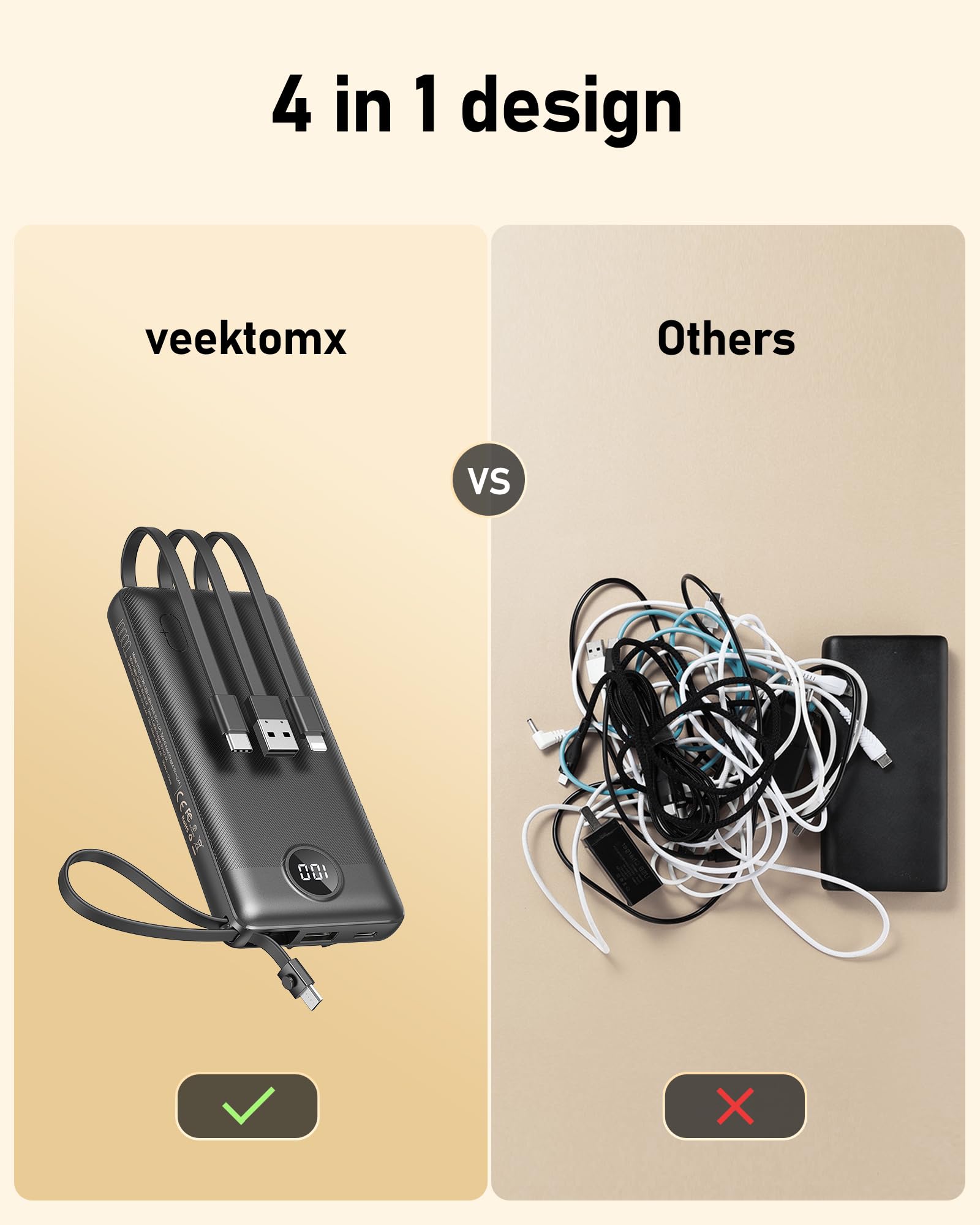 VEEKTOMX Portable Charger Built-in Cables,10000mAh Power Bank for iPhone,Fast Charge USB C Battery Pack Travel Essentials Powerbank Compatible with iPhone 17/16/15/14, Samsung S25/24, Android, etc