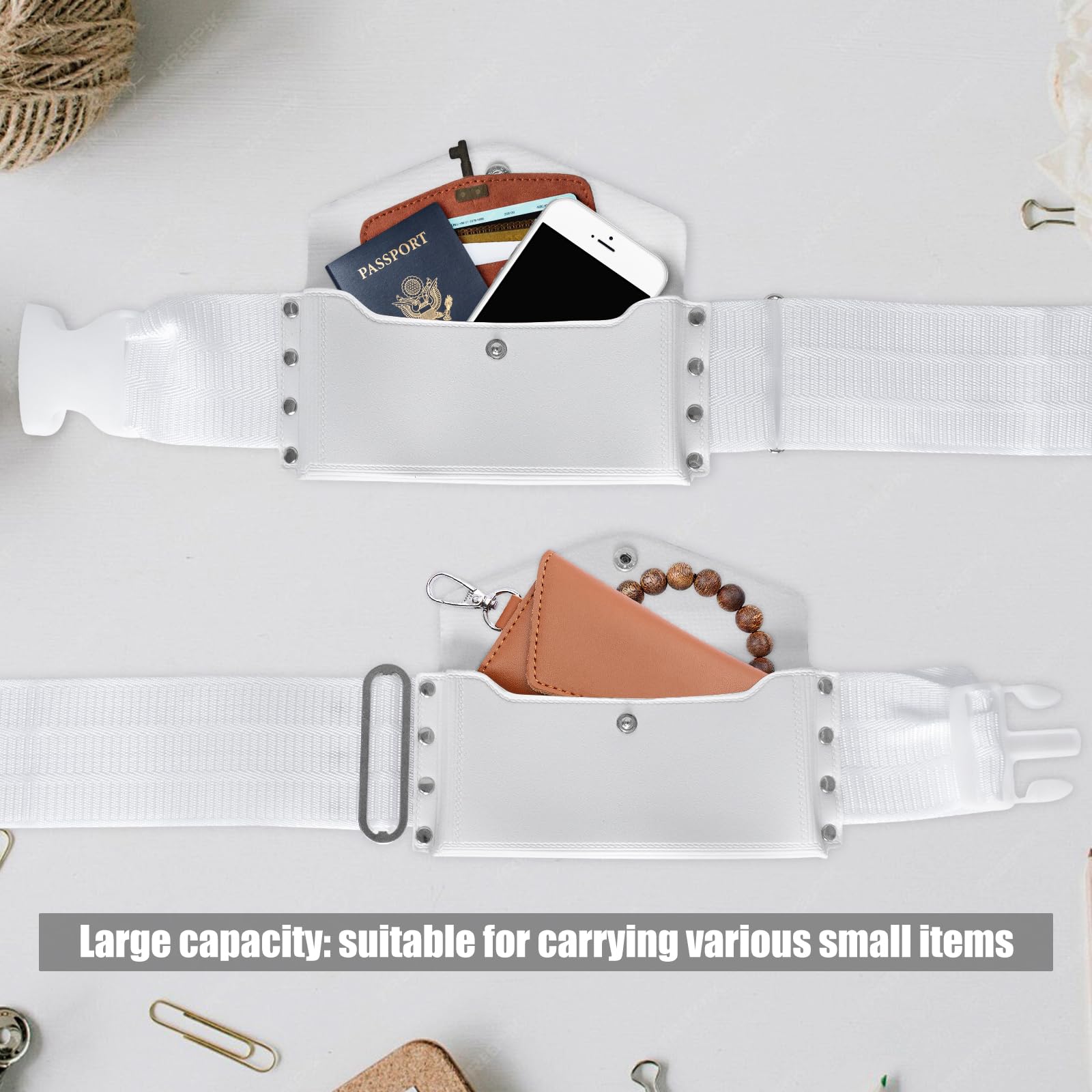 White waist bag with multiple compartments holding items on a light gray background
