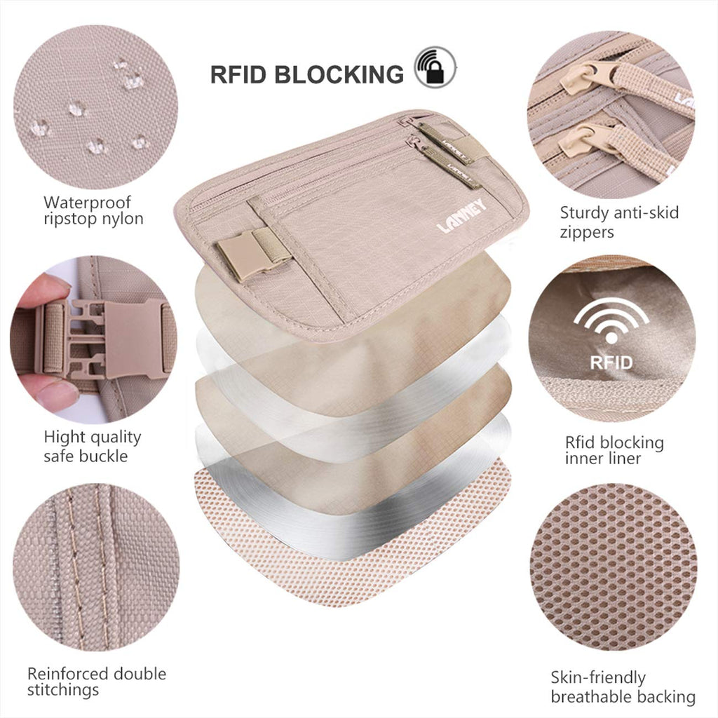 Money Belt for Travel, Slim RFID Blocking Women and Men Hidden Travel Pouch Under Clothes, Passport Holder Protect Cash Credit Card with 10 RFID Sleeves