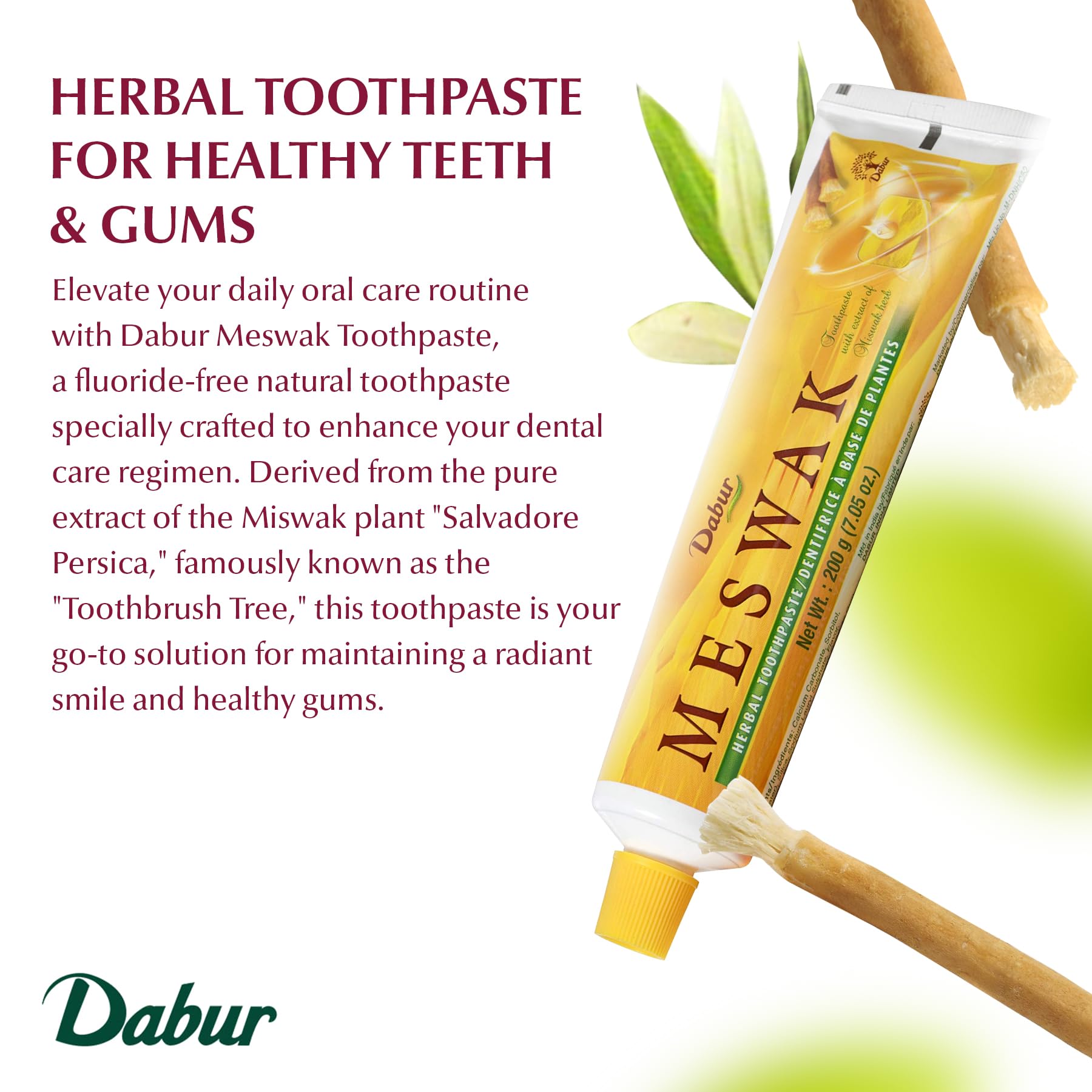 Dabur Meswak Herbal Toothpaste - All Natural Toothpaste for a Refreshing Oral Care Experience - Unmatched Freshness of Dabur's Natural Toothpaste, Formulated with Care for Your Oral Well-Being - 200g