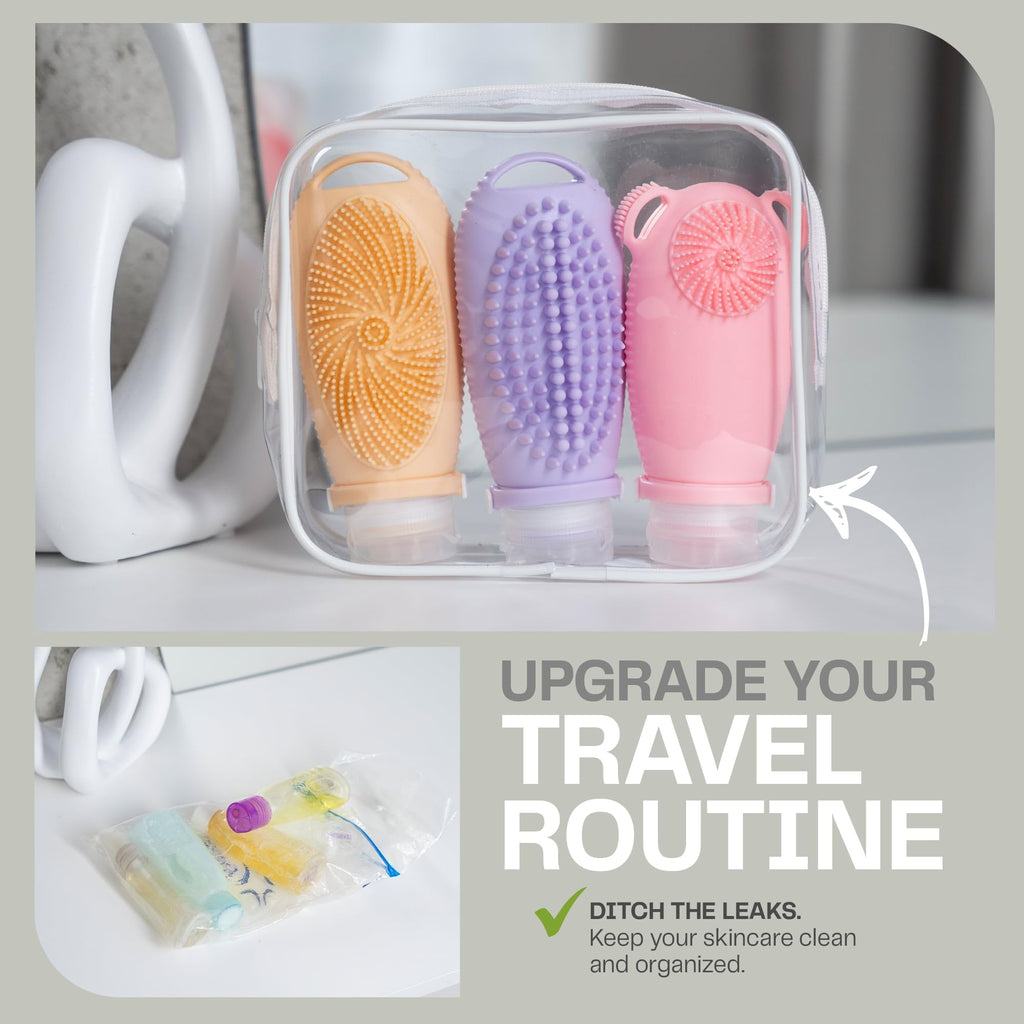 Sumina Premium Silicone Travel Bottles 3-Pack (3.4oz) | TSA Approved Leakproof Toiletry Containers | Refillable Shower Bottles & Gentle Exfoliating Scrubber for Sensitive Skin