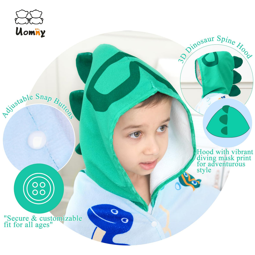 UOMNY Kids Hooded Beach Towel – 30" x 50", Soft Cotton Dinosaur Design for Ages 3-10, Pool & Bath Poncho