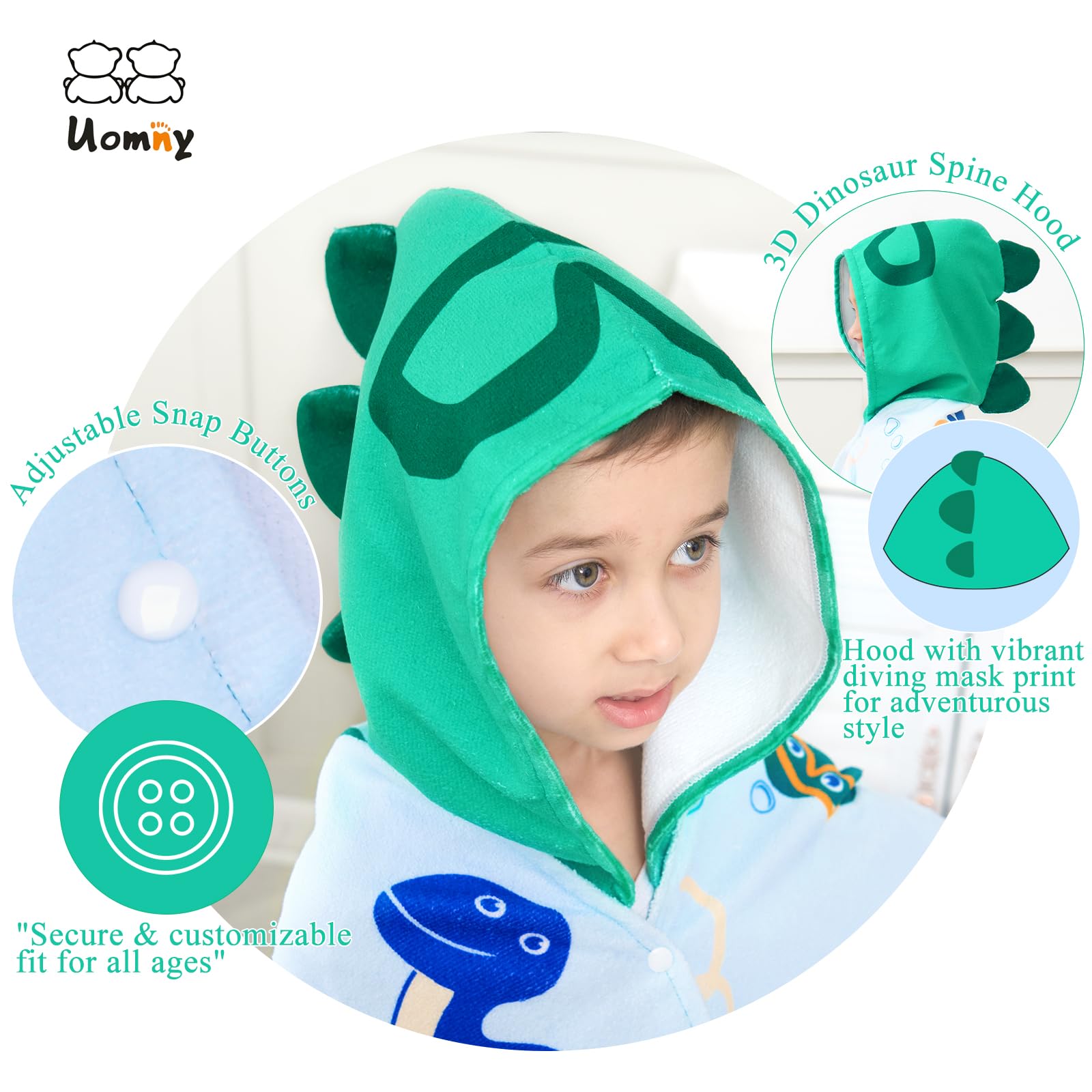 UOMNY Kids Hooded Beach Towel – 30" x 50", Soft Cotton Dinosaur Design for Ages 3-10, Pool & Bath Poncho