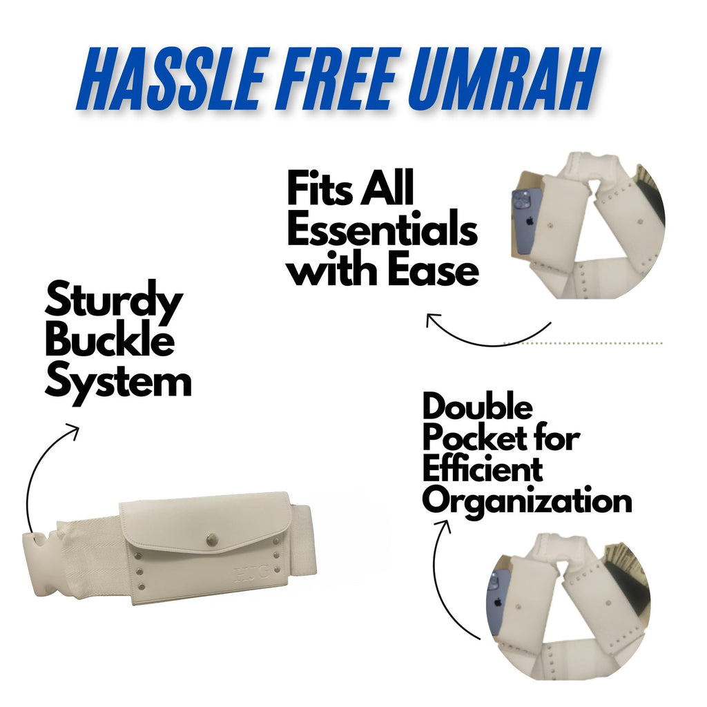 Ihram Belt for Men with Tasbeeh – Adjustable White Hajj & Umrah Belt, Spacious & Waterproof