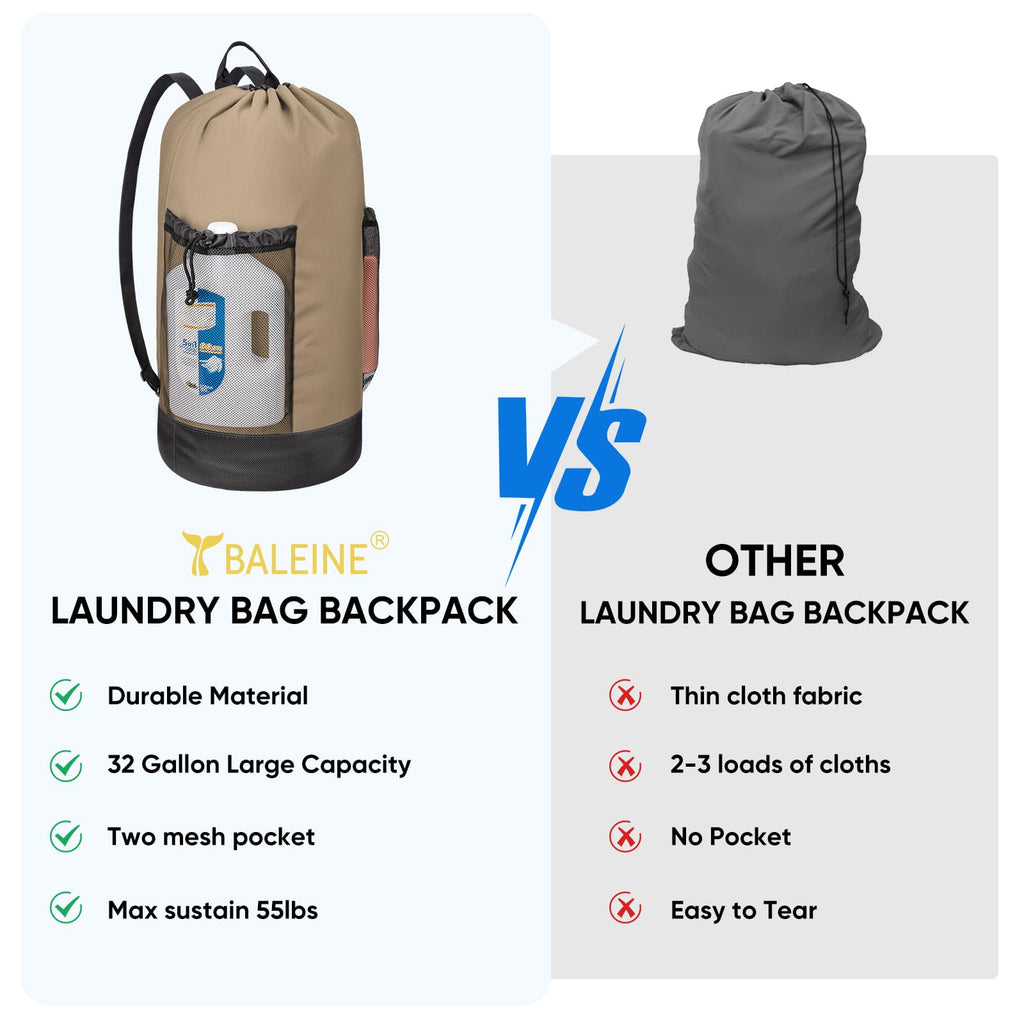 BALEINE 120L Laundry Bag Backpack, 900D Oxford Fabric Large Travel Laundry Bags with Shoulder Straps and 2 Mesh Pockets for College Dorm, Apartment, Laundromat (Khaki, 120L)