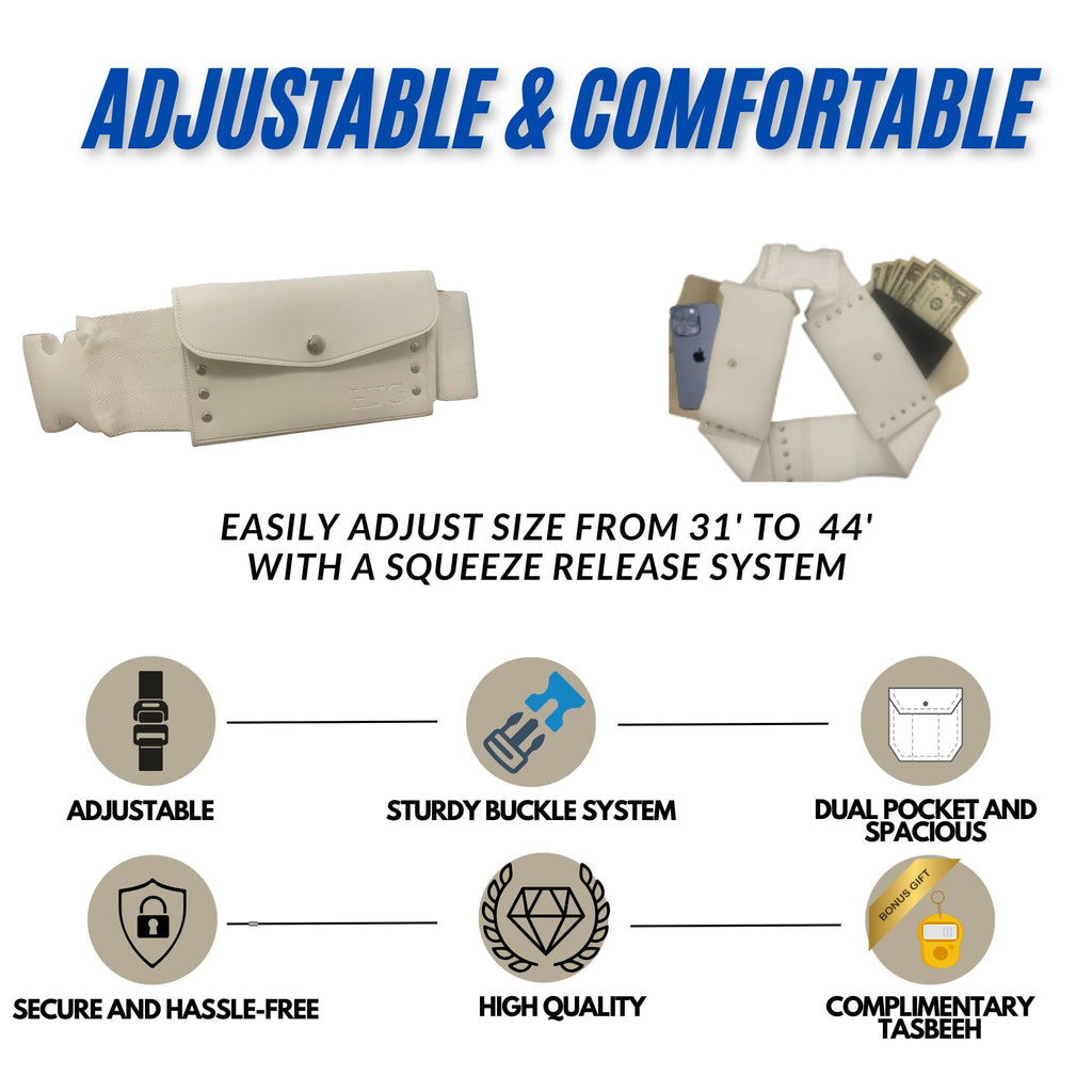 Ihram Belt for Men with Tasbeeh – Adjustable White Hajj & Umrah Belt, Spacious & Waterproof