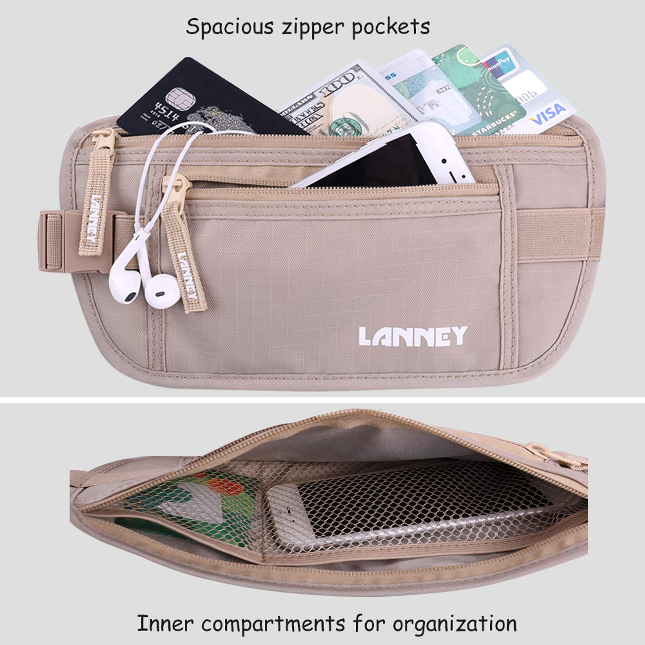 Money Belt for Travel, Slim RFID Blocking Women and Men Hidden Travel Pouch Under Clothes, Passport Holder Protect Cash Credit Card with 10 RFID Sleeves