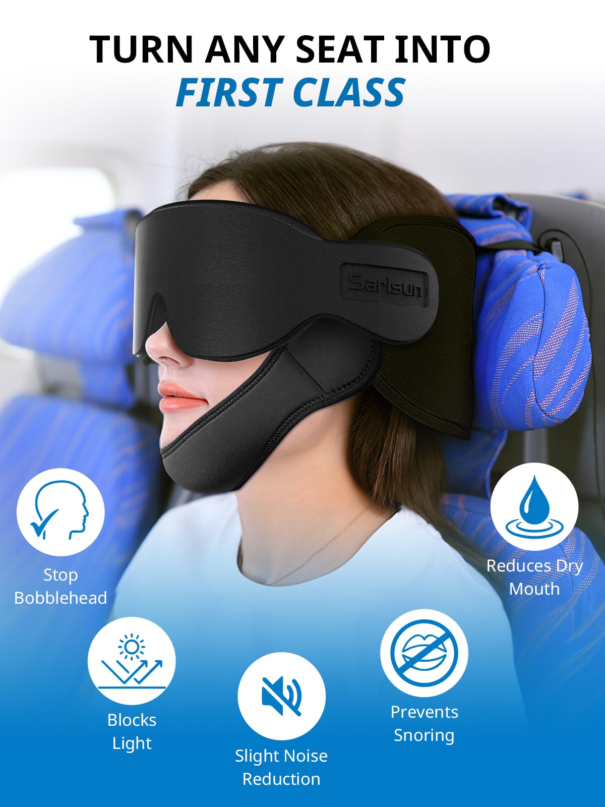 SARISUN Airplane Pillow Combo with Chin Strap & Sleep Mask – 360° Headrest Travel Pillow for Flights and Road Trips