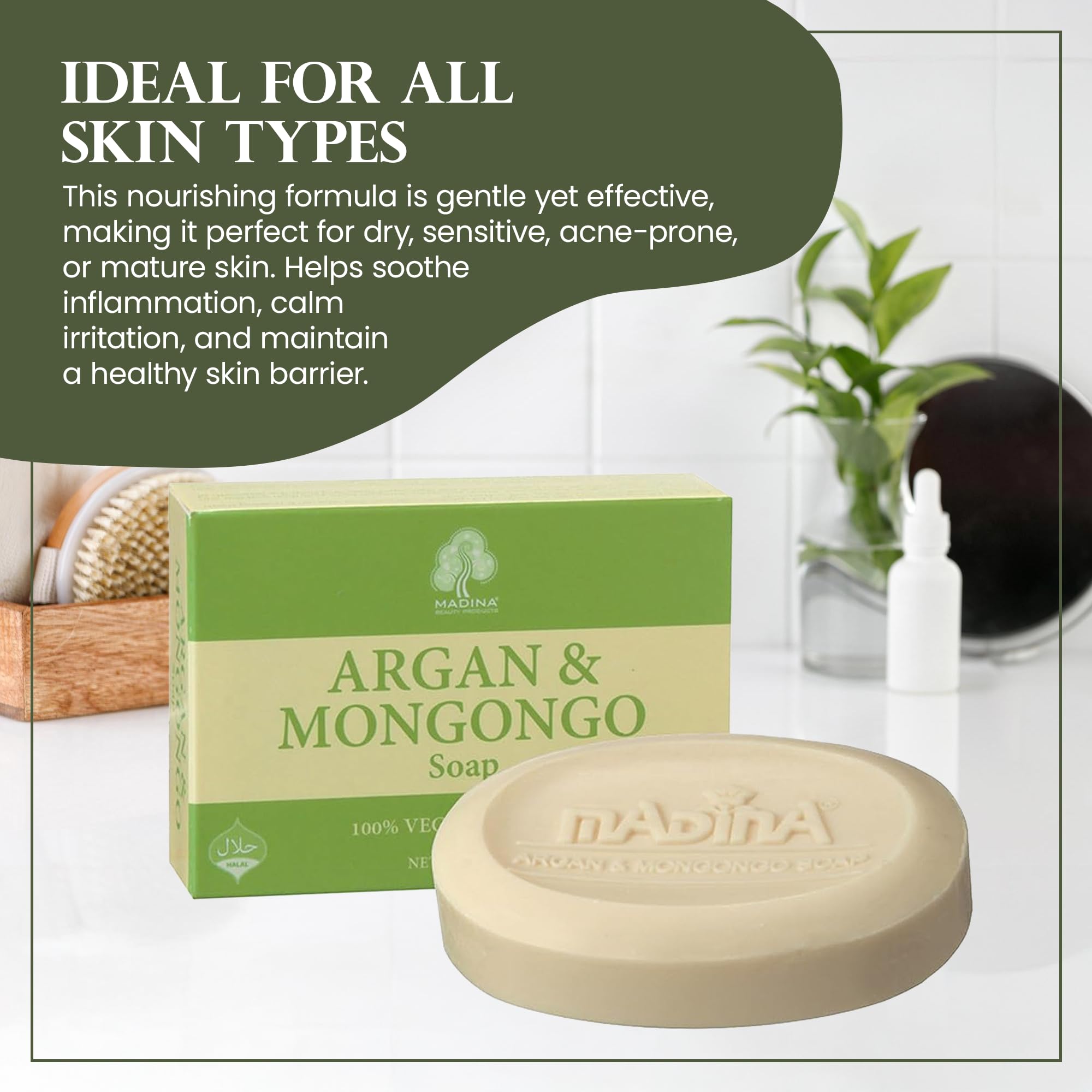 Argan & Mongongo soap with packaging on a white surface, featuring text about skin benefits.