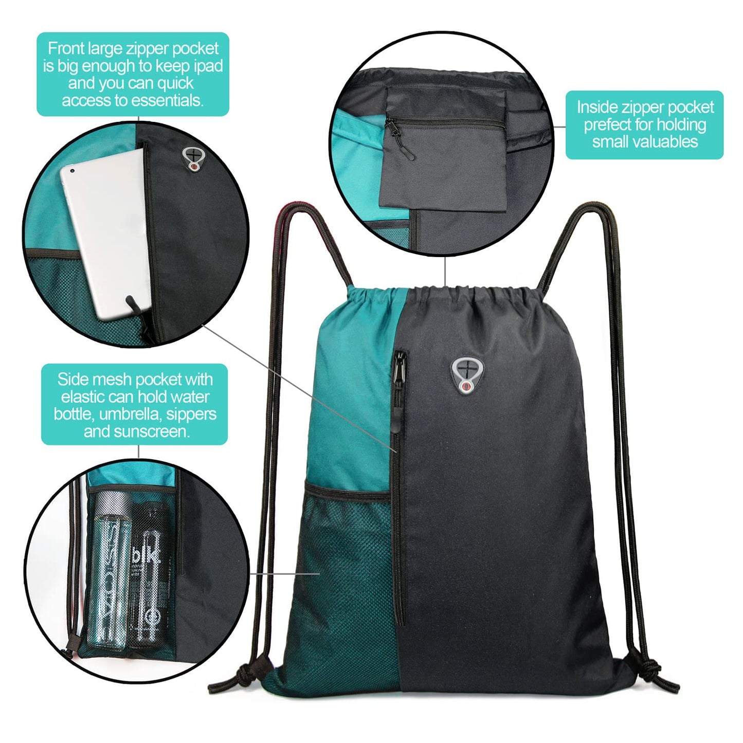 Eco-Friendly Large Sports & Umrah Gym Bag with Water Bottle Holder – Black/Teal