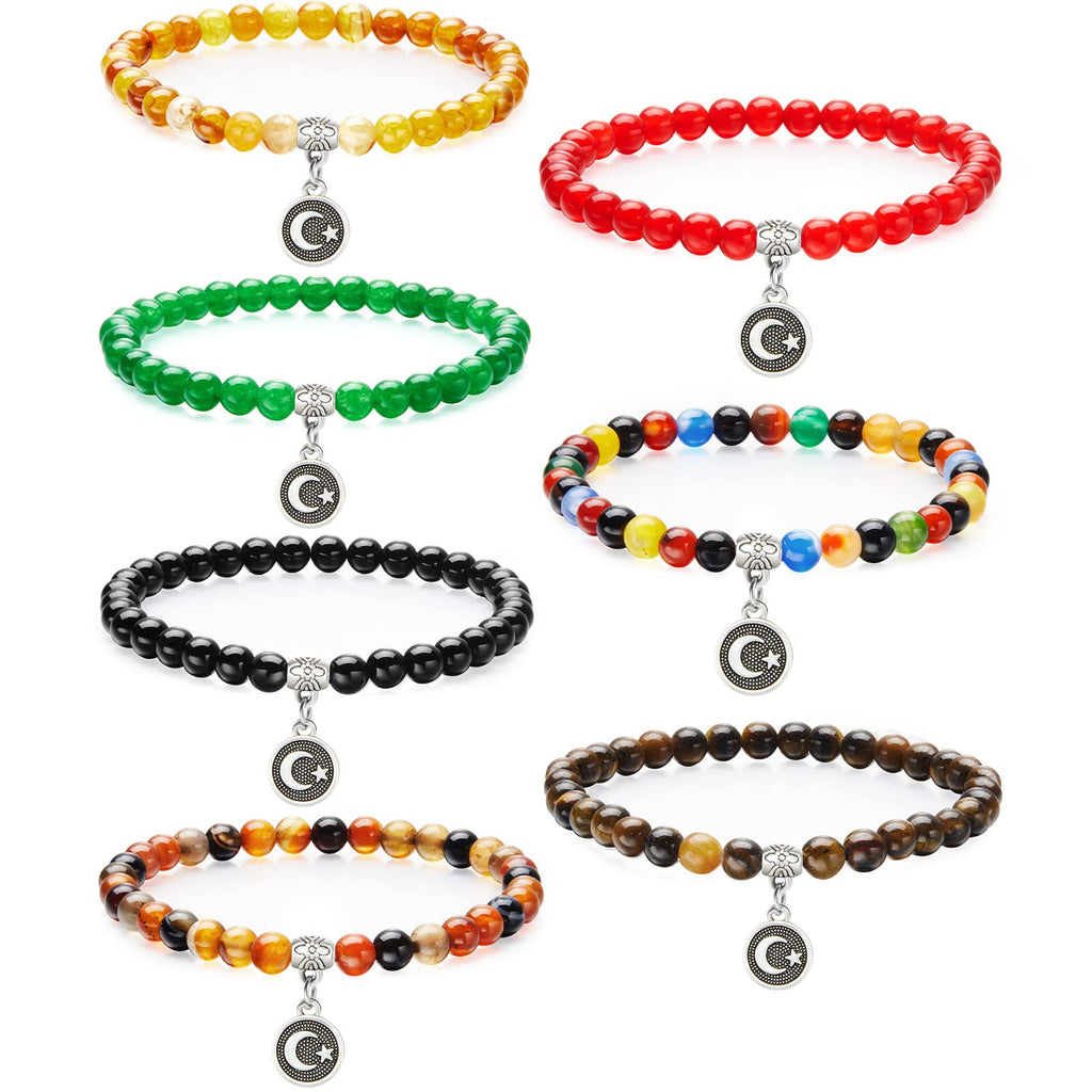 Jadive 7 Pcs Islamic Tasbih Prayer Beads – 33-Bead Misbaha Bracelets with Star & Crescent Pendants for Women, Eid & Ramadan Gifts