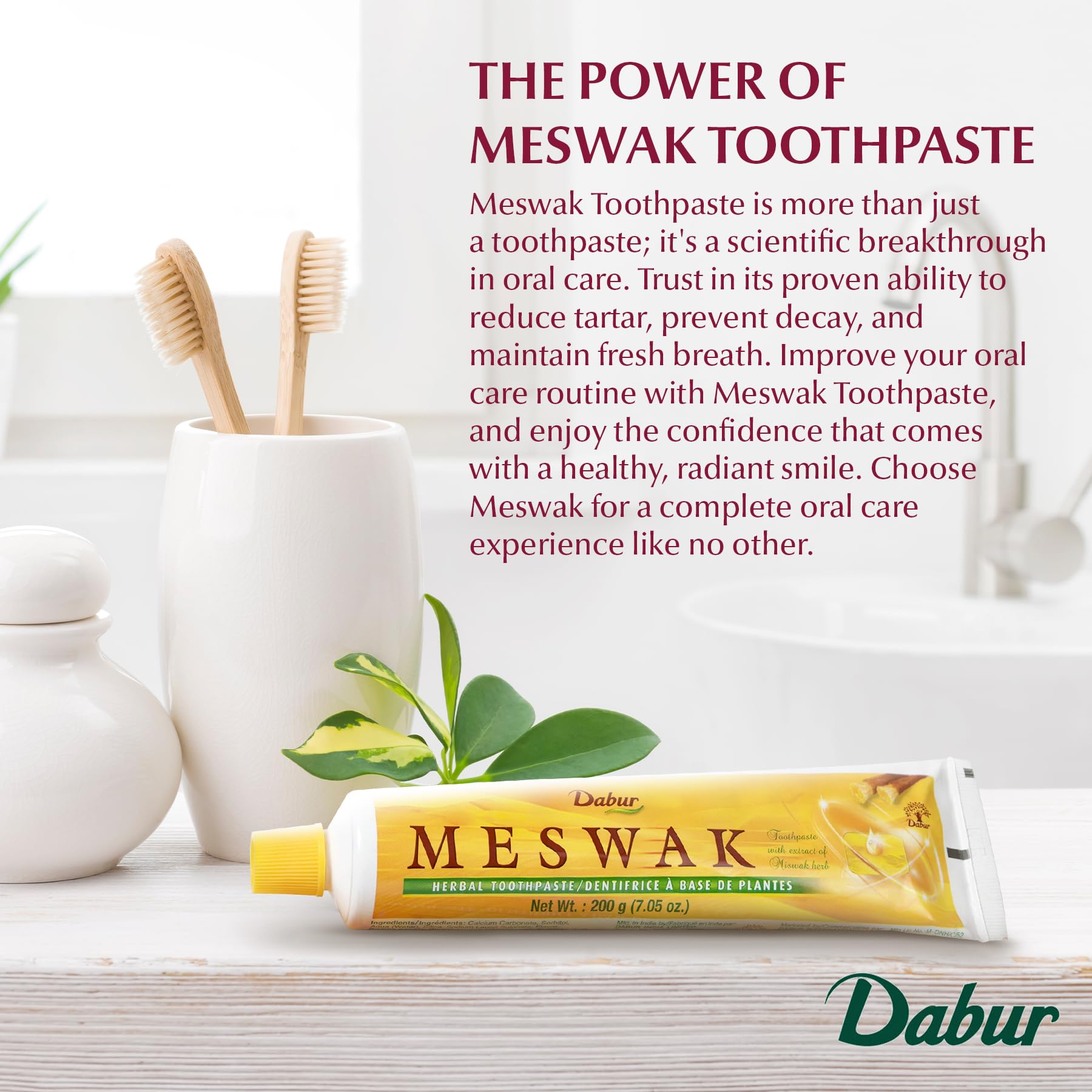 Dabur Meswak Herbal Toothpaste - All Natural Toothpaste for a Refreshing Oral Care Experience - Unmatched Freshness of Dabur's Natural Toothpaste, Formulated with Care for Your Oral Well-Being - 200g