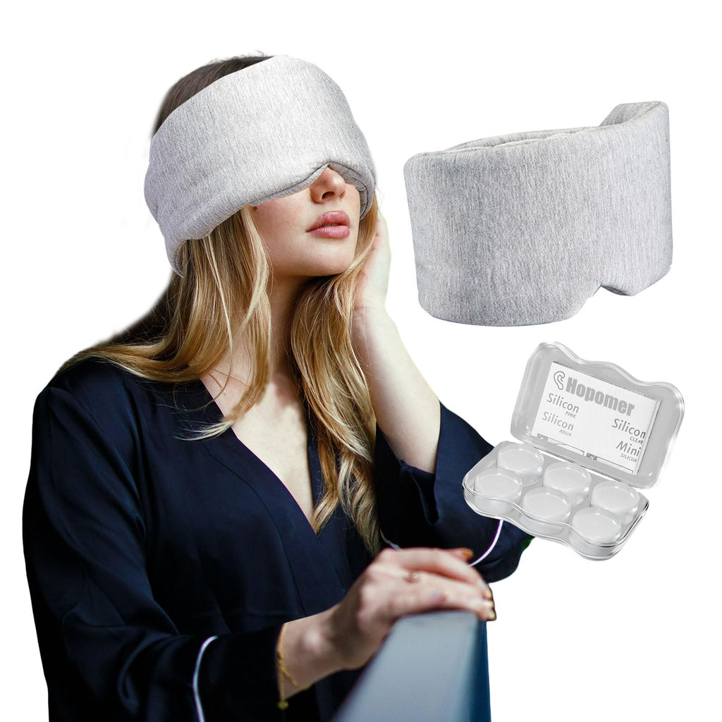Hopomer Sleep Mask Sleeping Noise Cancelling Eye Masks for Women Men Blackout Eye Covers with Silicone Ear Plugs Set Cooling 3D Adjustable Eyemasks for Travel (Light Grey)
