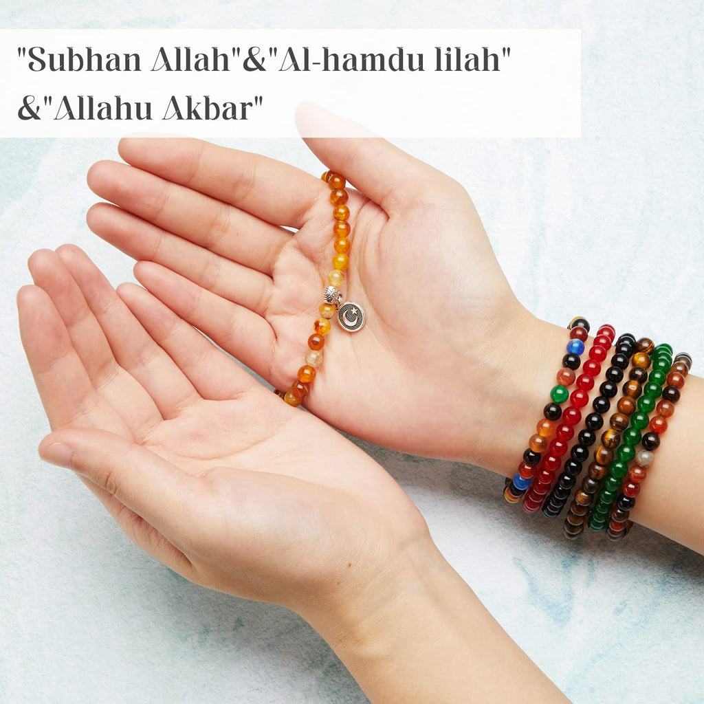 Jadive 7 Pcs Islamic Tasbih Prayer Beads – 33-Bead Misbaha Bracelets with Star & Crescent Pendants for Women, Eid & Ramadan Gifts