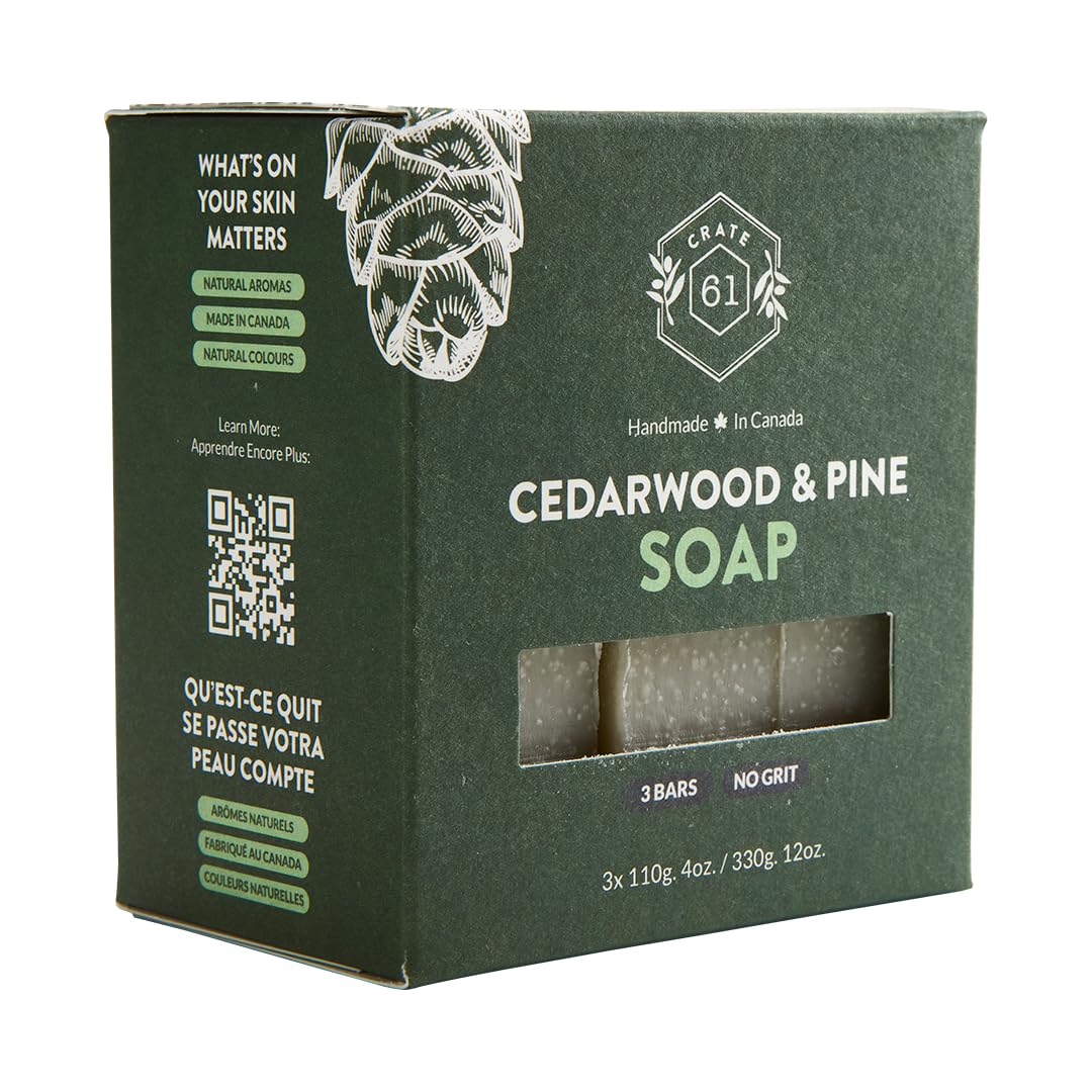 Crate 61 Organics, Handmade in Canada, Plant Based Cold Process Natural Bar Soap For Face And Body, With Premium Essential Oils, For Men And Women 3 Pack (Cedarwood Pine)