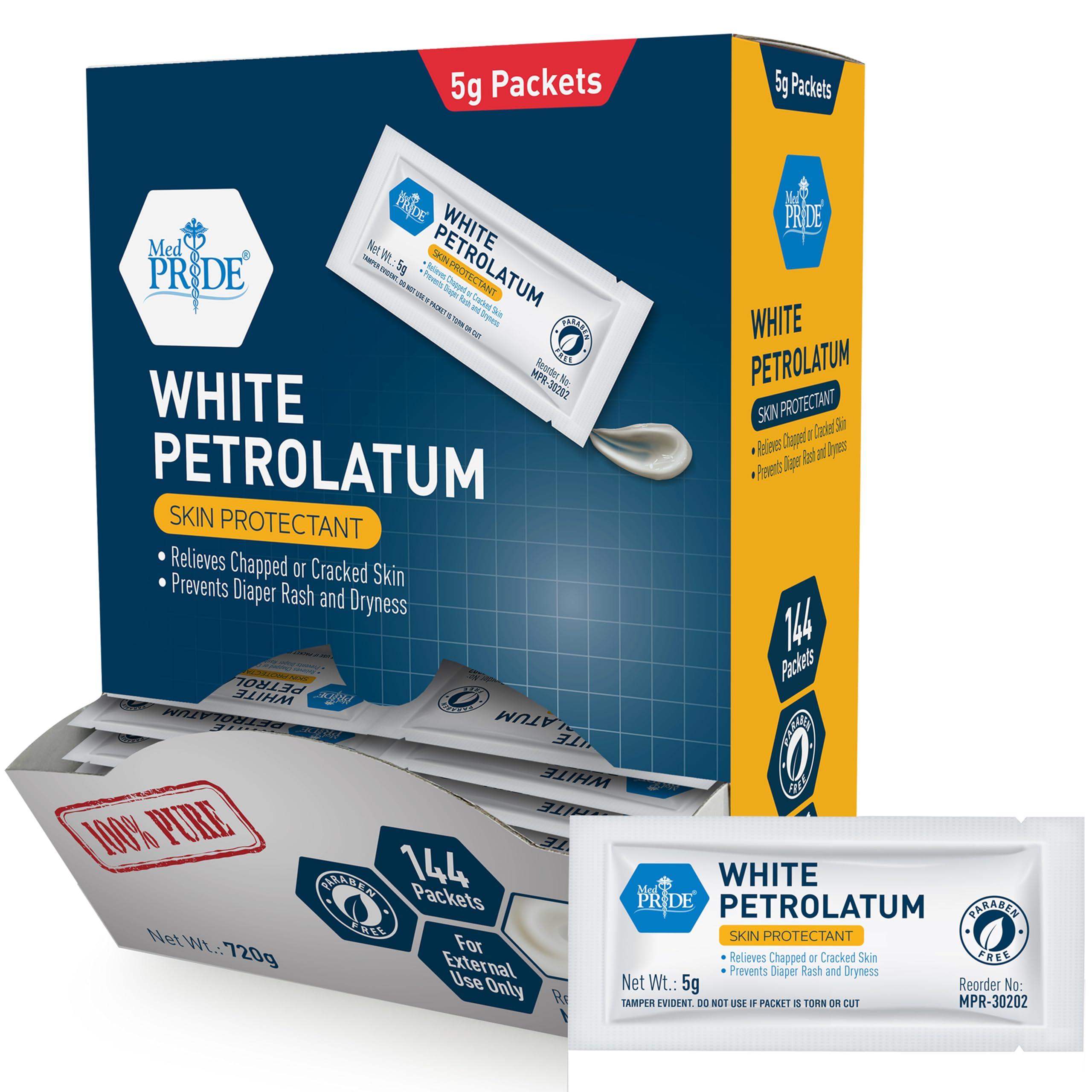 MED PRIDE 100% Pure White Petroleum Jelly Packets [144 Individual, 5g Travel-Size Packets] Skin Protectant Ointment For Diaper Rush, Chaffed, Dry, Cracked Skin- Barrier Repair Moisturizing Cream