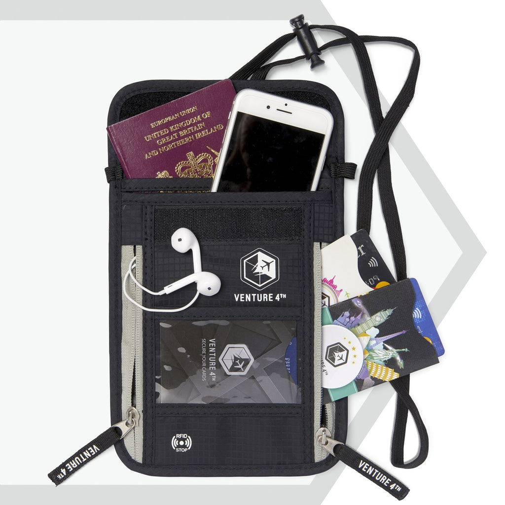 VENTURE 4TH Neck Wallet, RFID Blocking Passport Holder for Travel – Hidden Neck Pouch with 6 Compartments, Slim Lightweight Organizer with Adjustable Strap for Cash, Cards & Passport (Black)