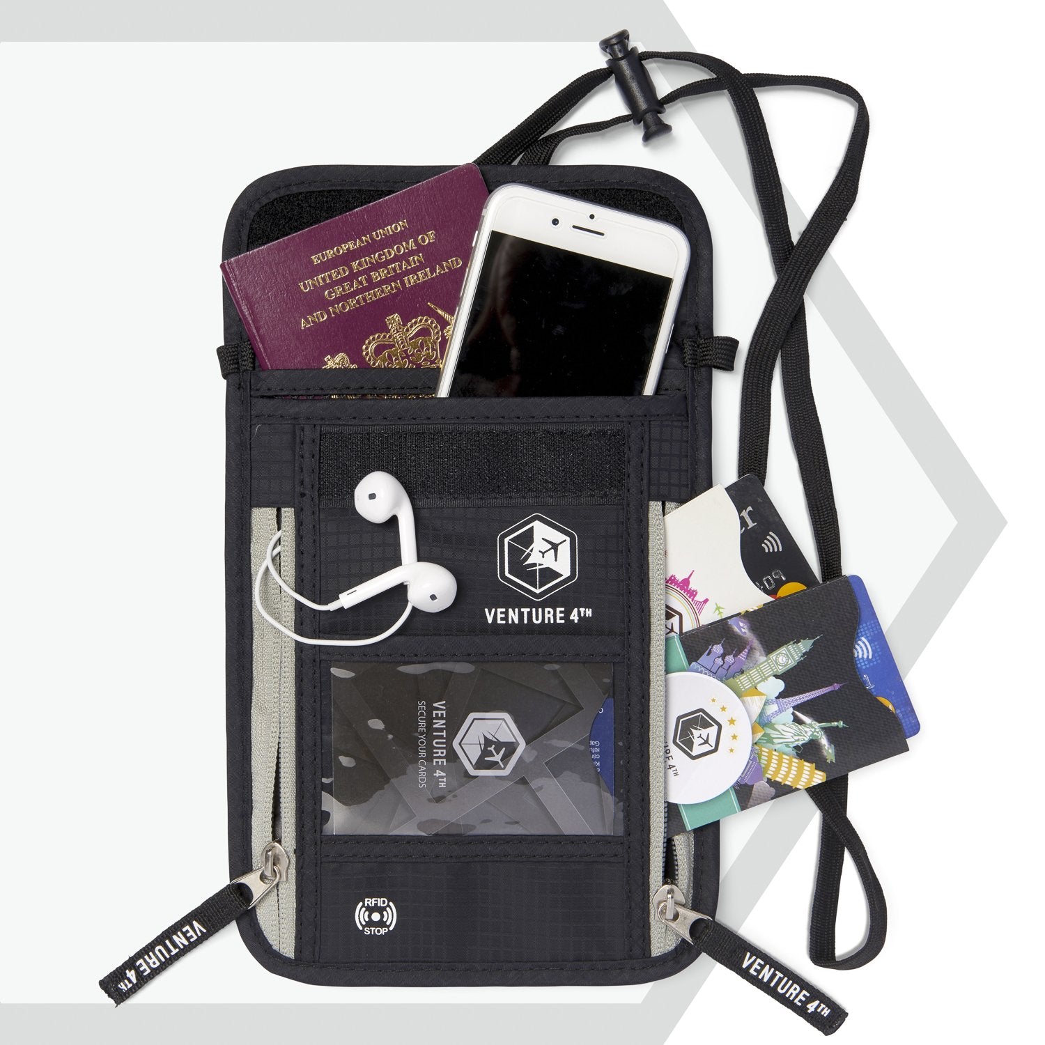 VENTURE 4TH Neck Wallet, RFID Blocking Passport Holder for Travel – Hidden Neck Pouch with 6 Compartments, Slim Lightweight Organizer with Adjustable Strap for Cash, Cards & Passport (Black)