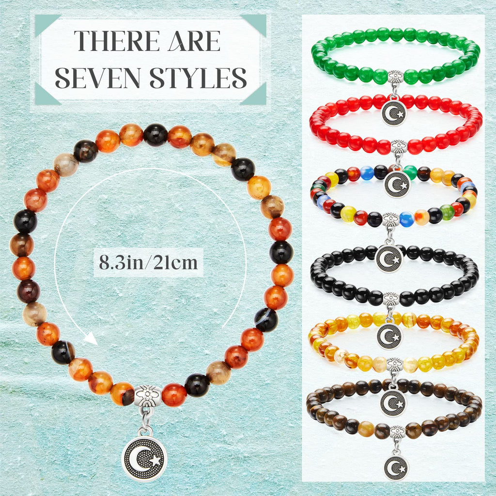 Jadive 7 Pcs Islamic Tasbih Prayer Beads – 33-Bead Misbaha Bracelets with Star & Crescent Pendants for Women, Eid & Ramadan Gifts