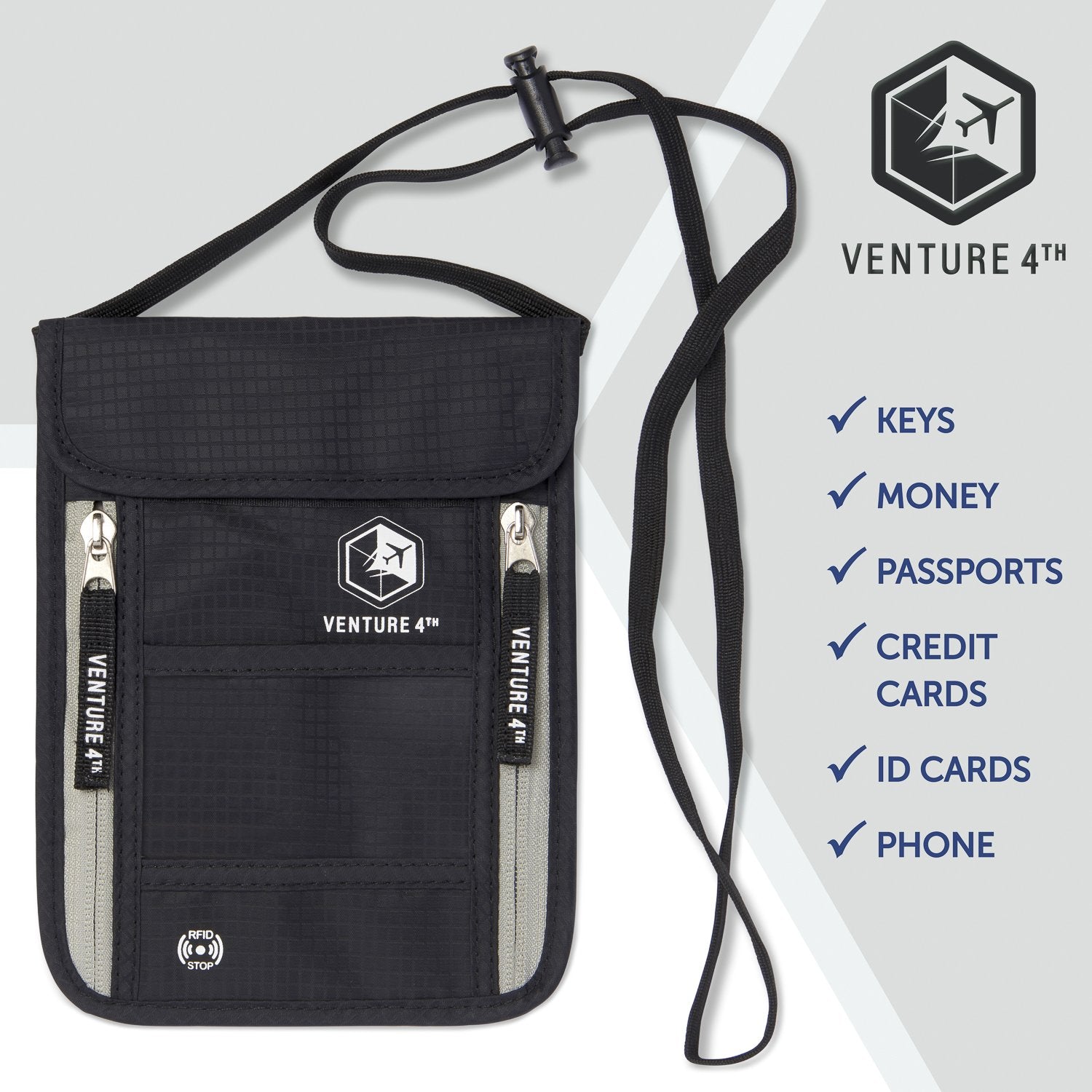 VENTURE 4TH Neck Wallet, RFID Blocking Passport Holder for Travel – Hidden Neck Pouch with 6 Compartments, Slim Lightweight Organizer with Adjustable Strap for Cash, Cards & Passport (Black)