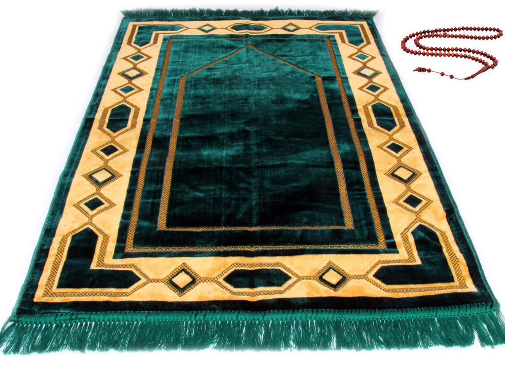 Eco-Friendly Velvet Islamic Prayer Mat - Turkish Design for Mindful Prayers - Includes Prayer Beads - Green