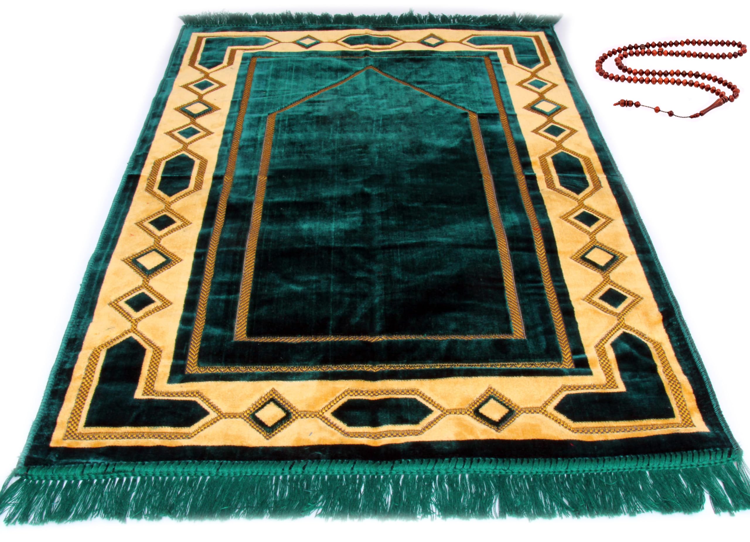 Eco-Friendly Velvet Islamic Prayer Mat - Turkish Design for Mindful Prayers - Includes Prayer Beads - Green