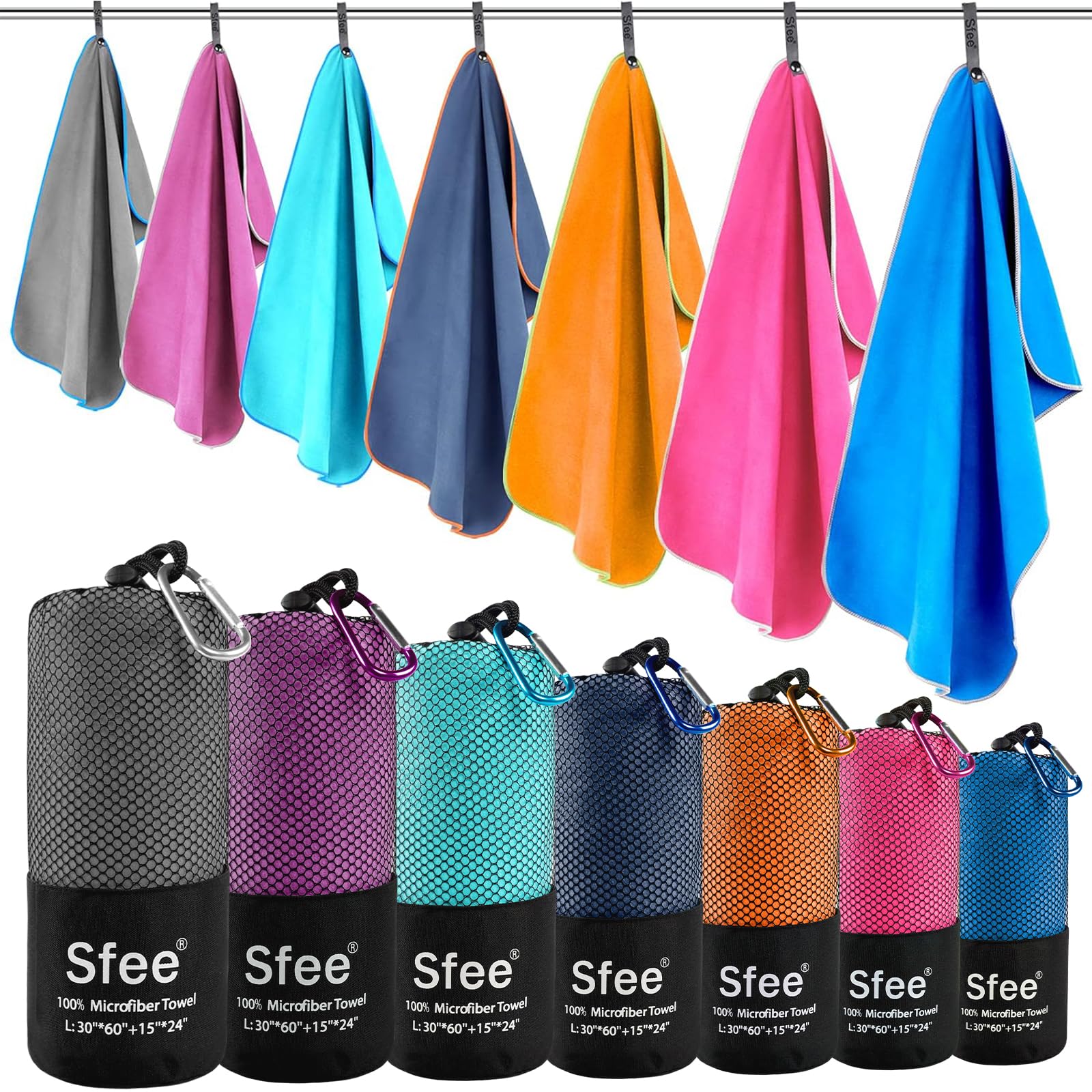 Sfee 2 Pack Microfiber Travel Towel, Quick Dry Camping Towel Super Absorbent Compact Lightweight Sports Gym Towels Set for Gym, Hiking, Pool, Backpacking, Bath, Yoga
