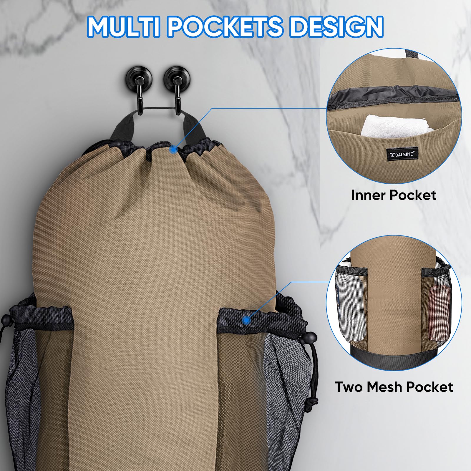 BALEINE 120L Laundry Bag Backpack, 900D Oxford Fabric Large Travel Laundry Bags with Shoulder Straps and 2 Mesh Pockets for College Dorm, Apartment, Laundromat (Khaki, 120L)