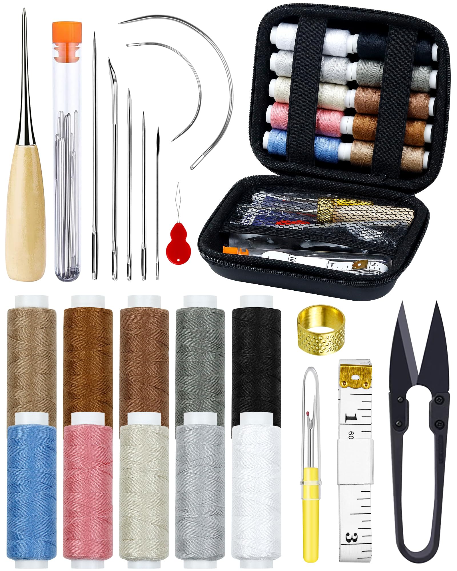 PLANTIONAL 47-Piece Heavy Duty Upholstery Repair Sewing Kit – Leather Needles, Sewing Awl & Thread for Car, Sofa, Backpack, Shoes & DIY Crafts