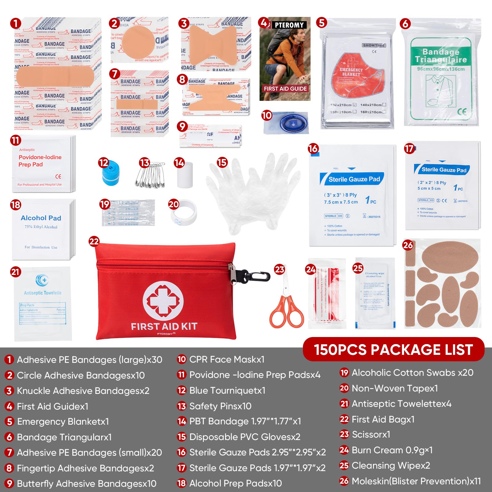 PTEROMY 150 Piece Mini First Aid Kit, Portable Small Emergency Kits Compact 1st Aid Kit for Car, Travel, Home, Camping, Outdoor, Hiking