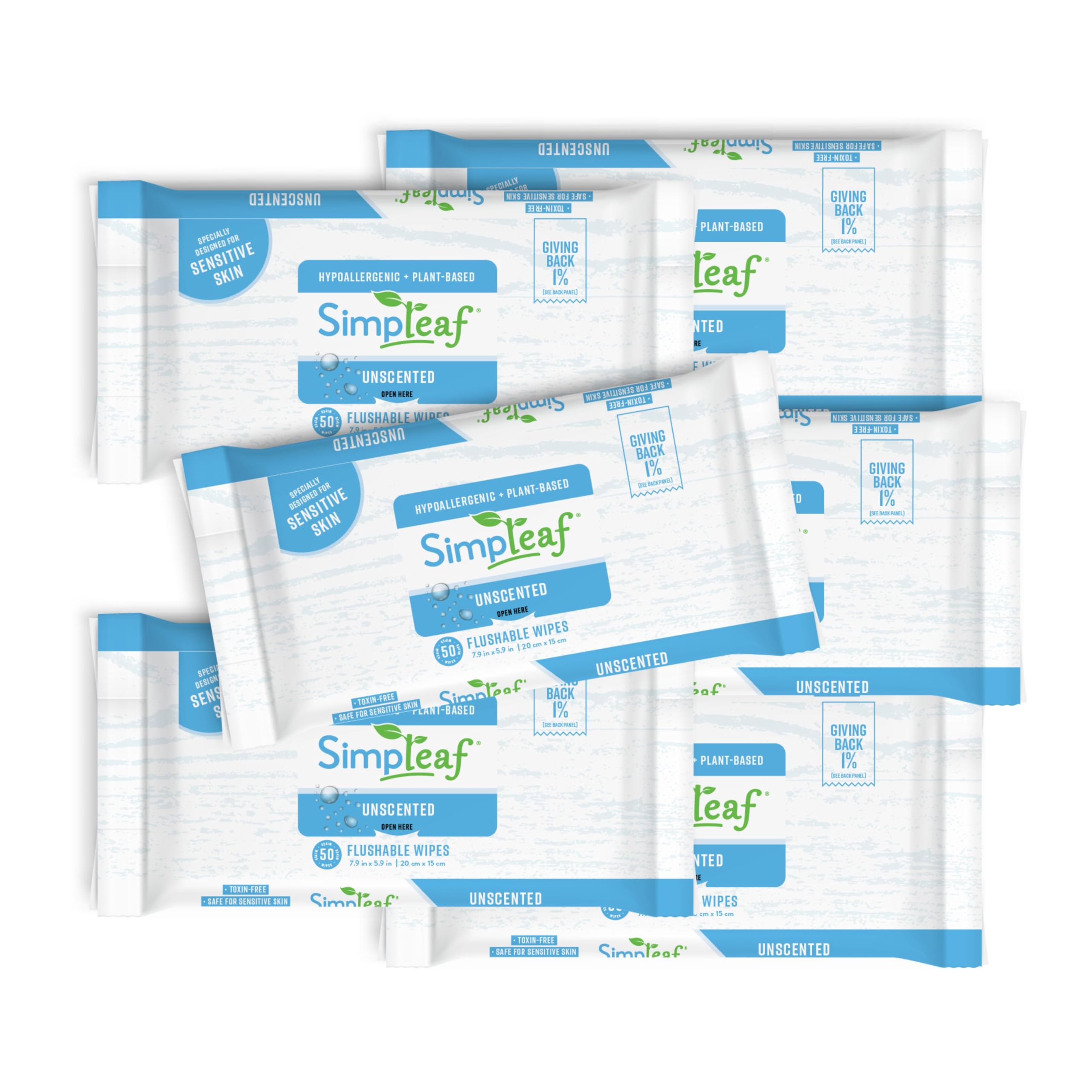 Simpleaf Flushable Wet Wipes Unscented | Plastic Free, Paraben & Alcohol Free | Hypoallergenic & Safe for Sensitive Skin | Soothing Aloe Formula | Adult Toilet Wipes (6 x 50 Counts Pack) 300 Counts