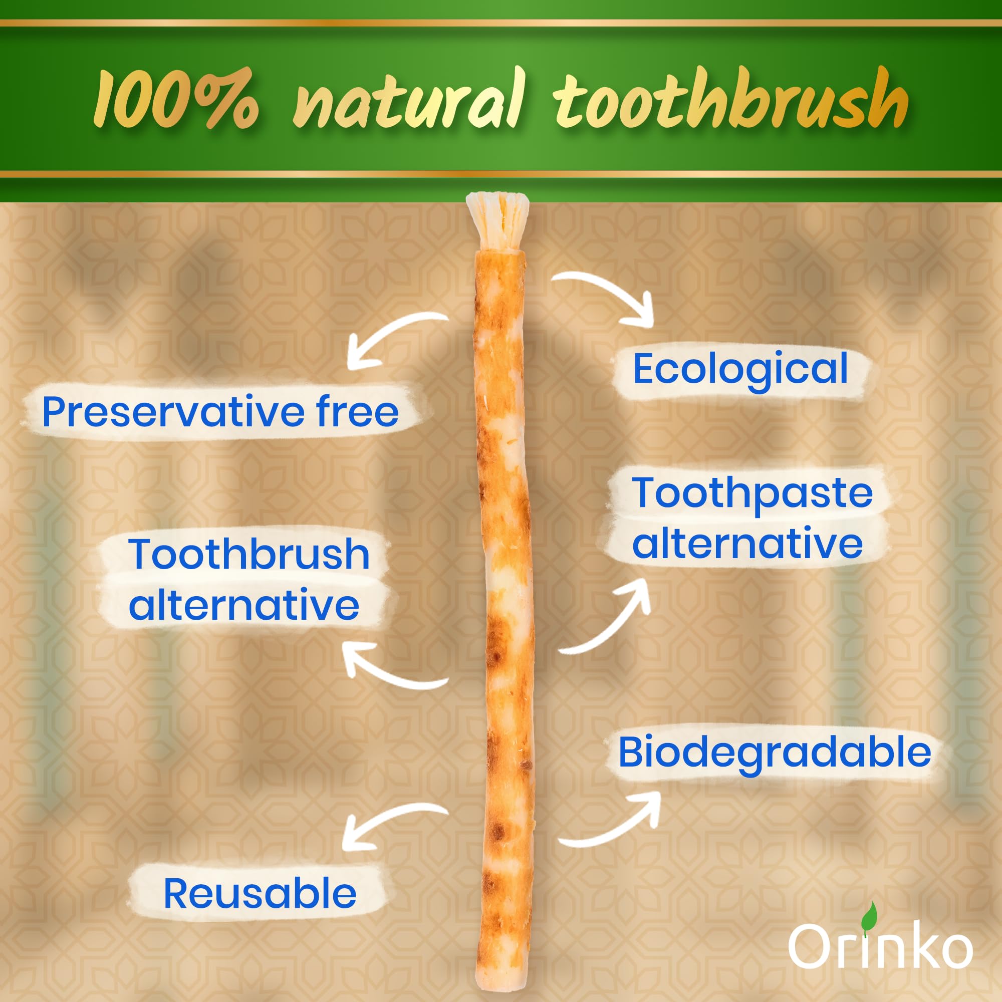 Eco-Friendly Miswak Natural Toothbrush by orinko - Cleansing & Whitening Teeth Sticks - Biodegradable and Vegan