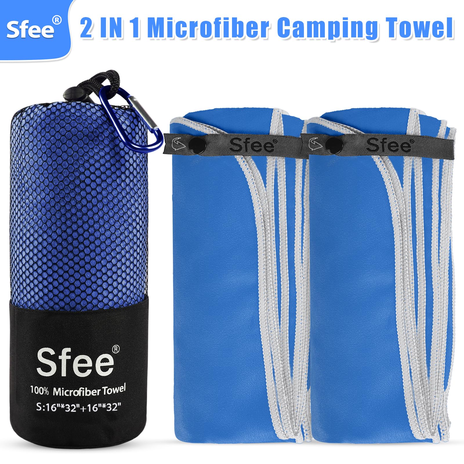 Sfee 2 Pack Microfiber Travel Towel, Quick Dry Camping Towel Super Absorbent Compact Lightweight Sports Gym Towels Set for Gym, Hiking, Pool, Backpacking, Bath, Yoga