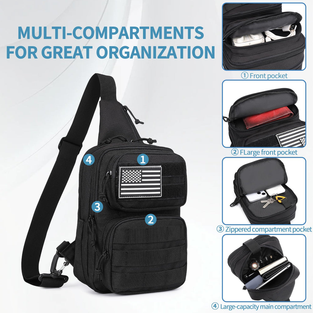 Black tactical sling bag with multiple compartments on a white background