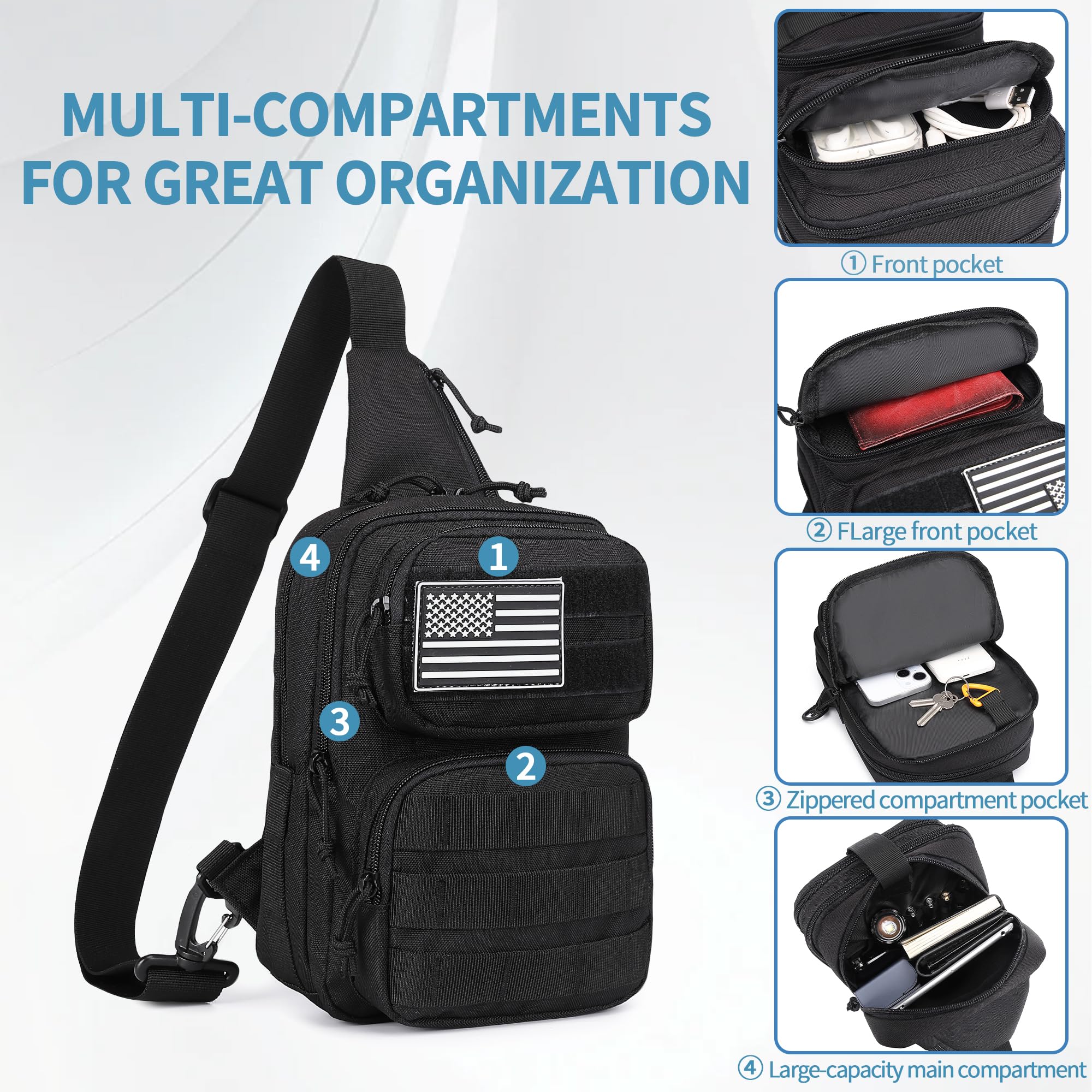 Black tactical sling bag with multiple compartments on a white background