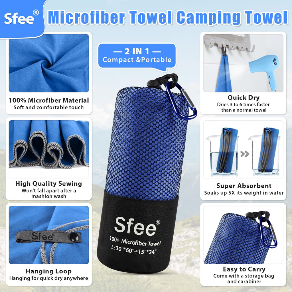 Sfee 2 Pack Microfiber Travel Towel, Quick Dry Camping Towel Super Absorbent Compact Lightweight Sports Gym Towels Set for Gym, Hiking, Pool, Backpacking, Bath, Yoga