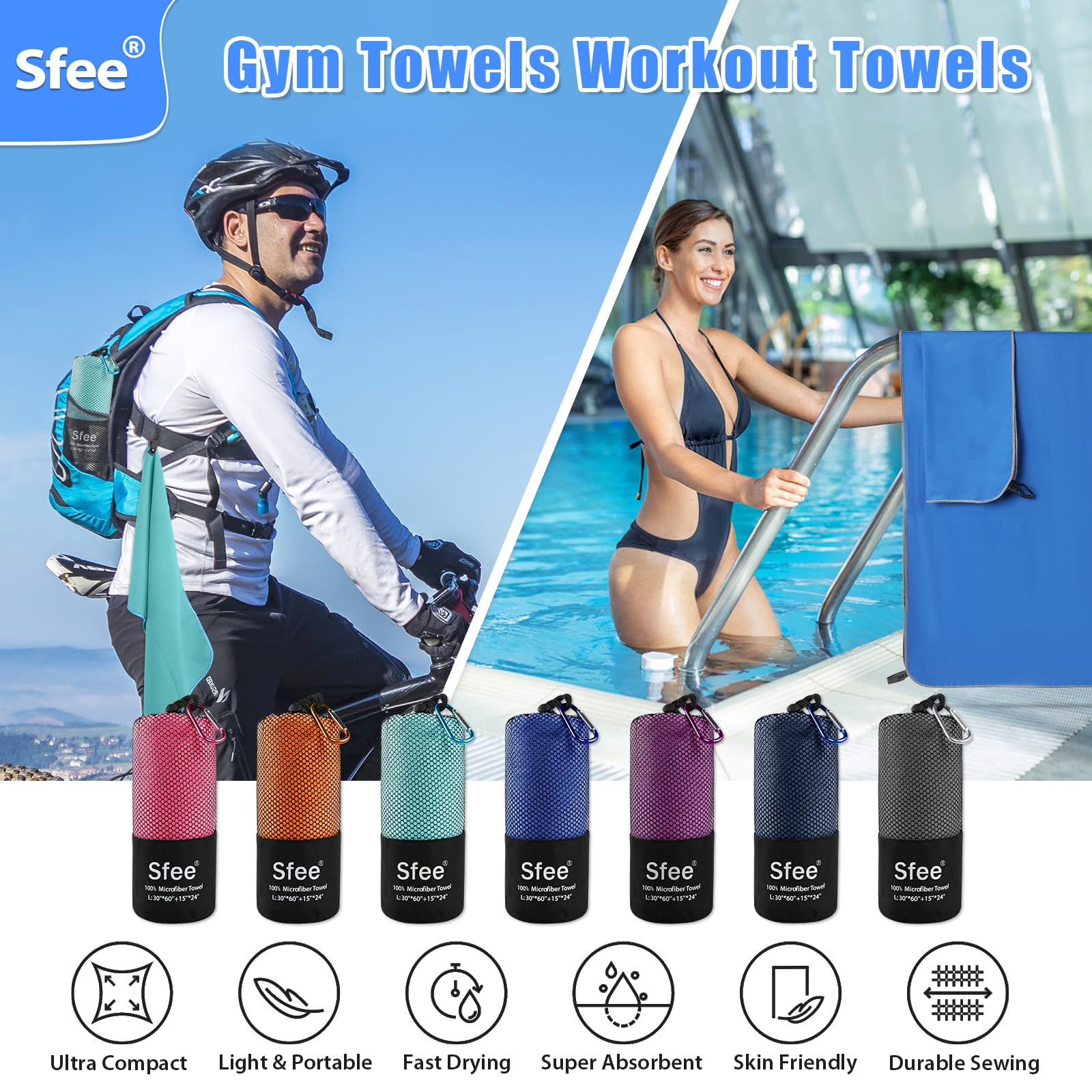 Sfee 2 Pack Microfiber Travel Towel, Quick Dry Camping Towel Super Absorbent Compact Lightweight Sports Gym Towels Set for Gym, Hiking, Pool, Backpacking, Bath, Yoga