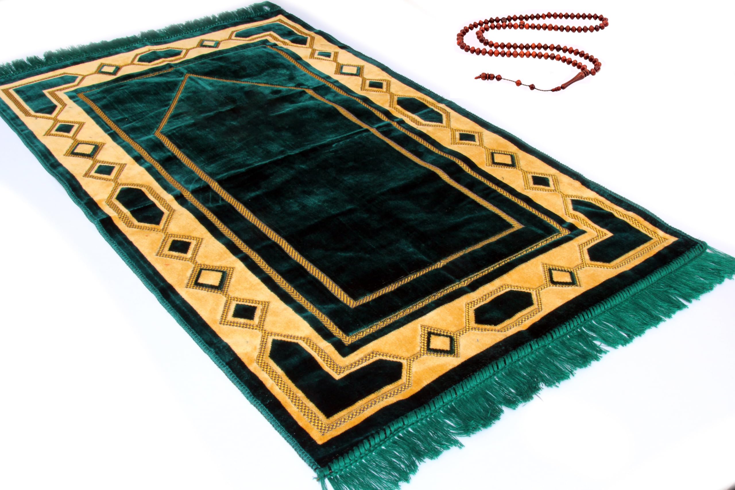 Eco-Friendly Velvet Islamic Prayer Mat - Turkish Design for Mindful Prayers - Includes Prayer Beads - Green