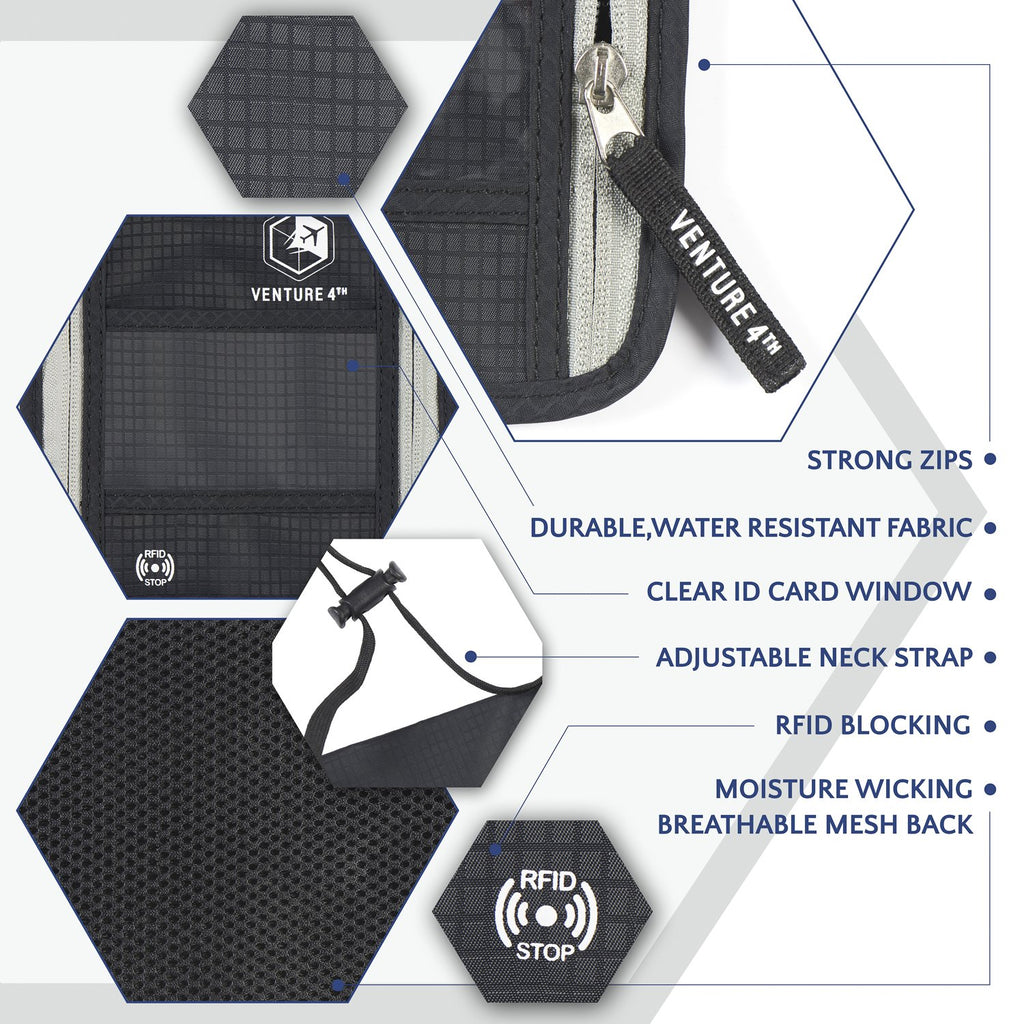 VENTURE 4TH Neck Wallet, RFID Blocking Passport Holder for Travel – Hidden Neck Pouch with 6 Compartments, Slim Lightweight Organizer with Adjustable Strap for Cash, Cards & Passport (Black)