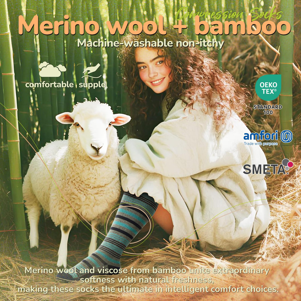 Iambamboo Merino Wool Compression Socks for Women Men, 15-20 mmHg Graduated, Soft & Breathable for Nurses, Running Athletic, Travel, Pregnancy L/XL (Red&Yellow&Blue)