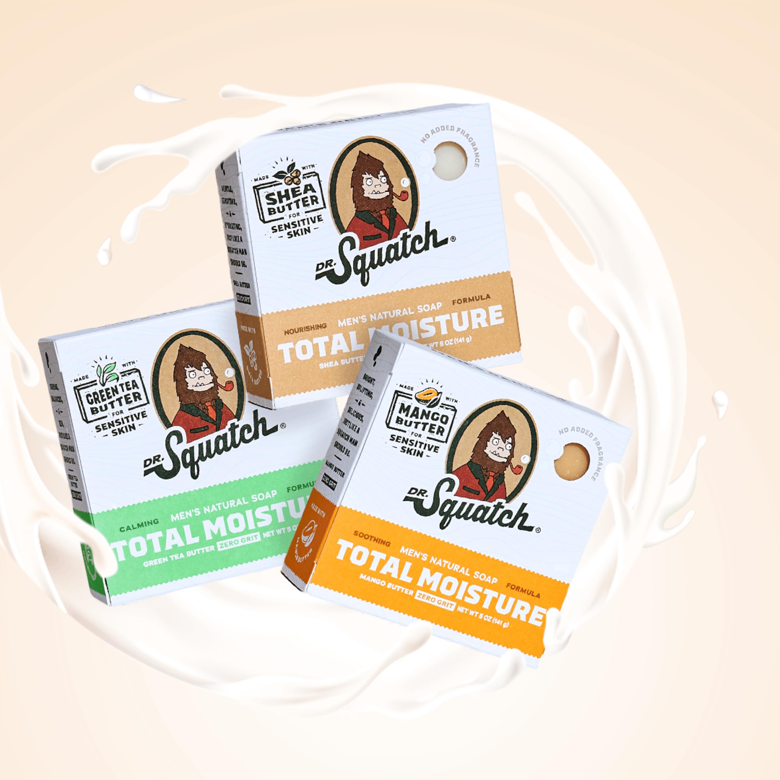 Dr. Squatch NEW Total Moisture Bar Soap for Men - No Added Fragrance Formulated for Sensitive Skin - Shea Butter, Mango Butter & Green Tea Butter (5 oz, 3-pack)