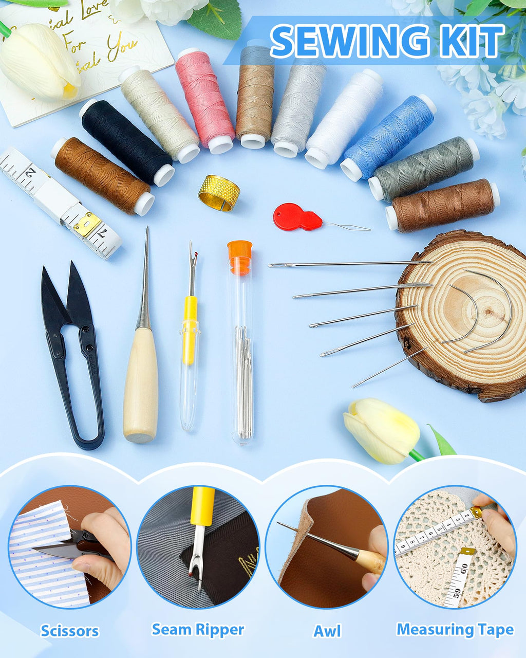 PLANTIONAL 47-Piece Heavy Duty Upholstery Repair Sewing Kit – Leather Needles, Sewing Awl & Thread for Car, Sofa, Backpack, Shoes & DIY Crafts