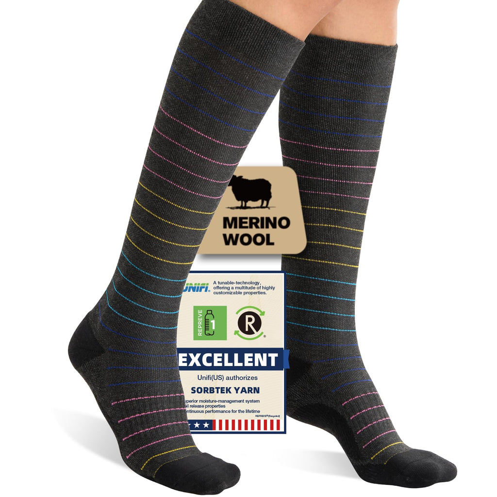 Iambamboo Merino Wool Compression Socks for Women Men, 15-20 mmHg Graduated, Soft & Breathable for Nurses, Running Athletic, Travel, Pregnancy L/XL (Red&Yellow&Blue)
